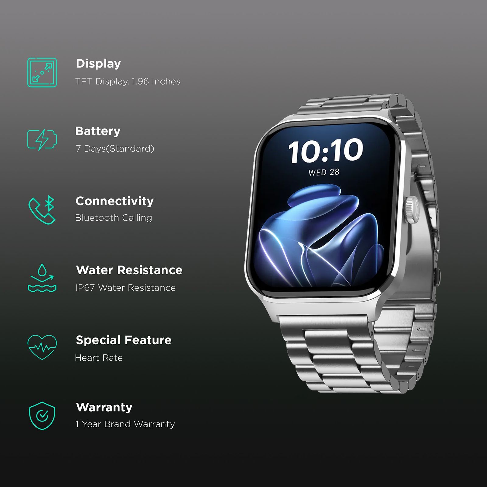 noise Canvas Elite Smartwatch with Bluetooth Calling (49.7mm TFT Display, IP67 Water Resistant, Metal Silver Strap)_2