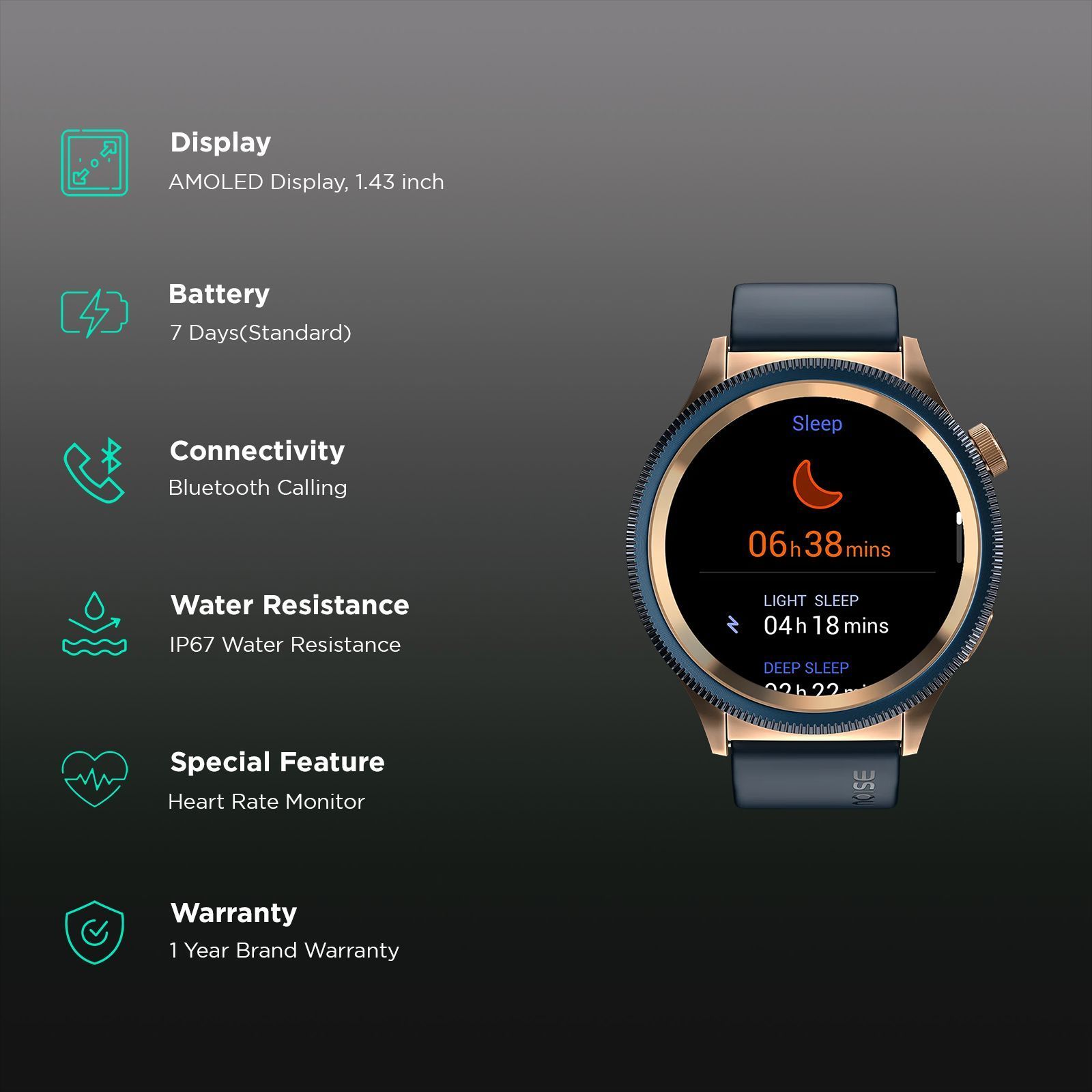 noise NoiseFit Halo 2 Smartwatch with Bluetooth Calling (36.3mm AMOLED Display, IP67 Water Resistant, Gold Blue Strap)_2