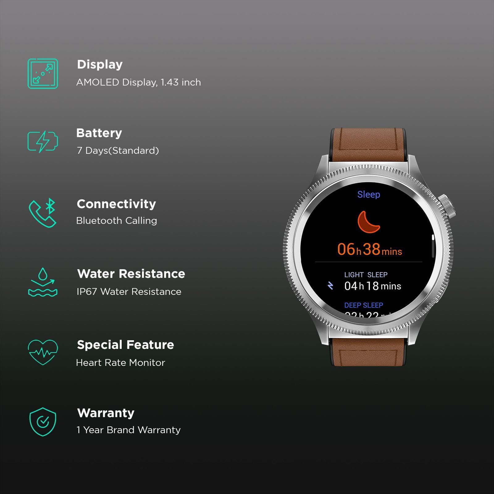 noise NoiseFit Halo 2 Smartwatch with Bluetooth Calling (36.3mm AMOLED Display, IP67 Water Resistant, Vintage Brown Strap)_2