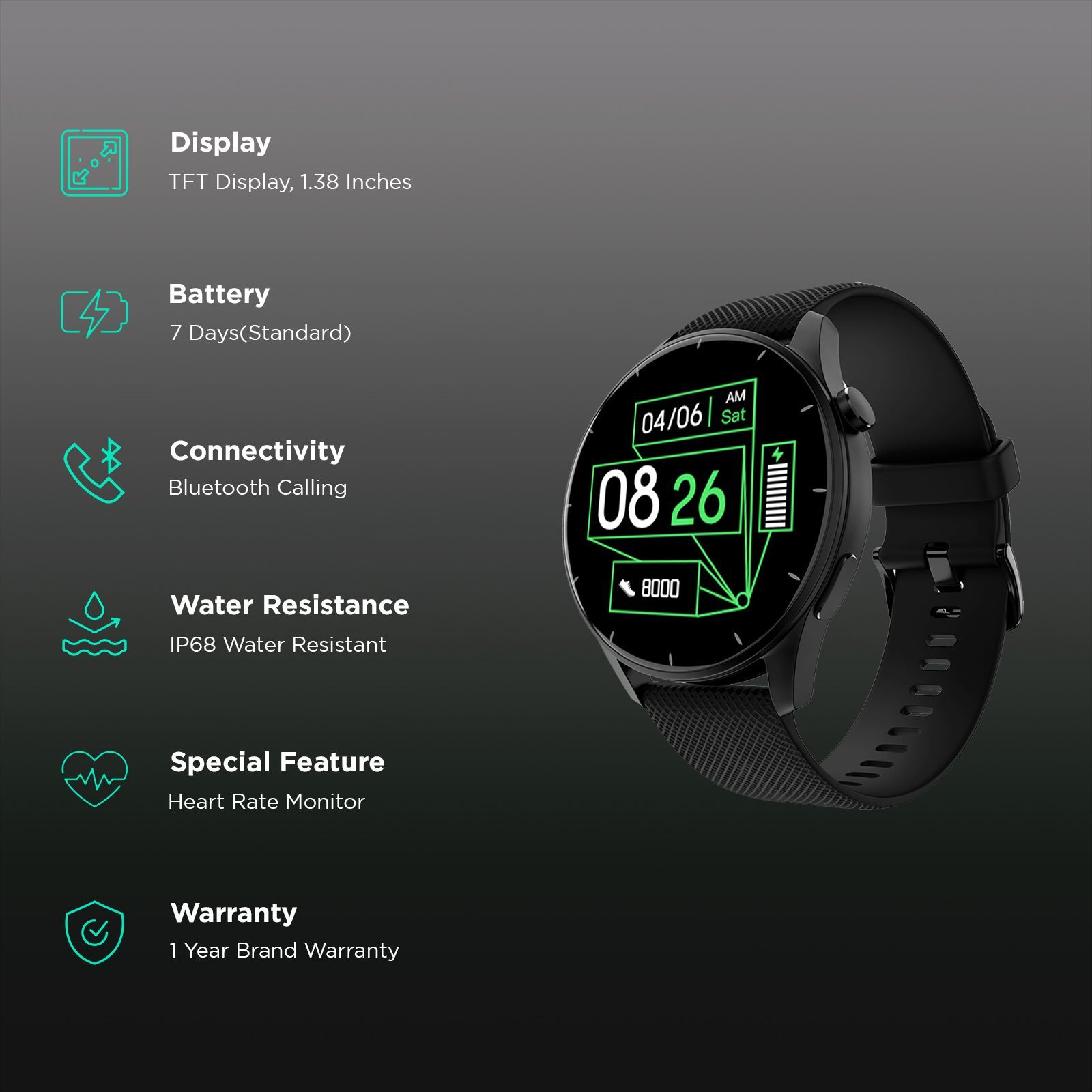 noise Fit Crew Smartwatch with Bluetooth Calling (35.05mm TFT Display, IP68 Water Resistant, Jet Black Strap)_2