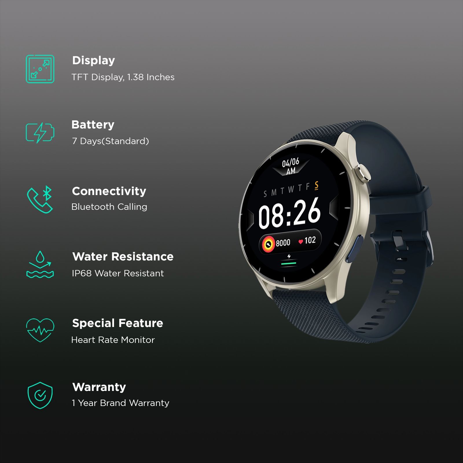 noise Fit Crew Smartwatch with Bluetooth Calling (35.05mm TFT Display, IP68 Water Resistant, Midnight Blue Strap)_2
