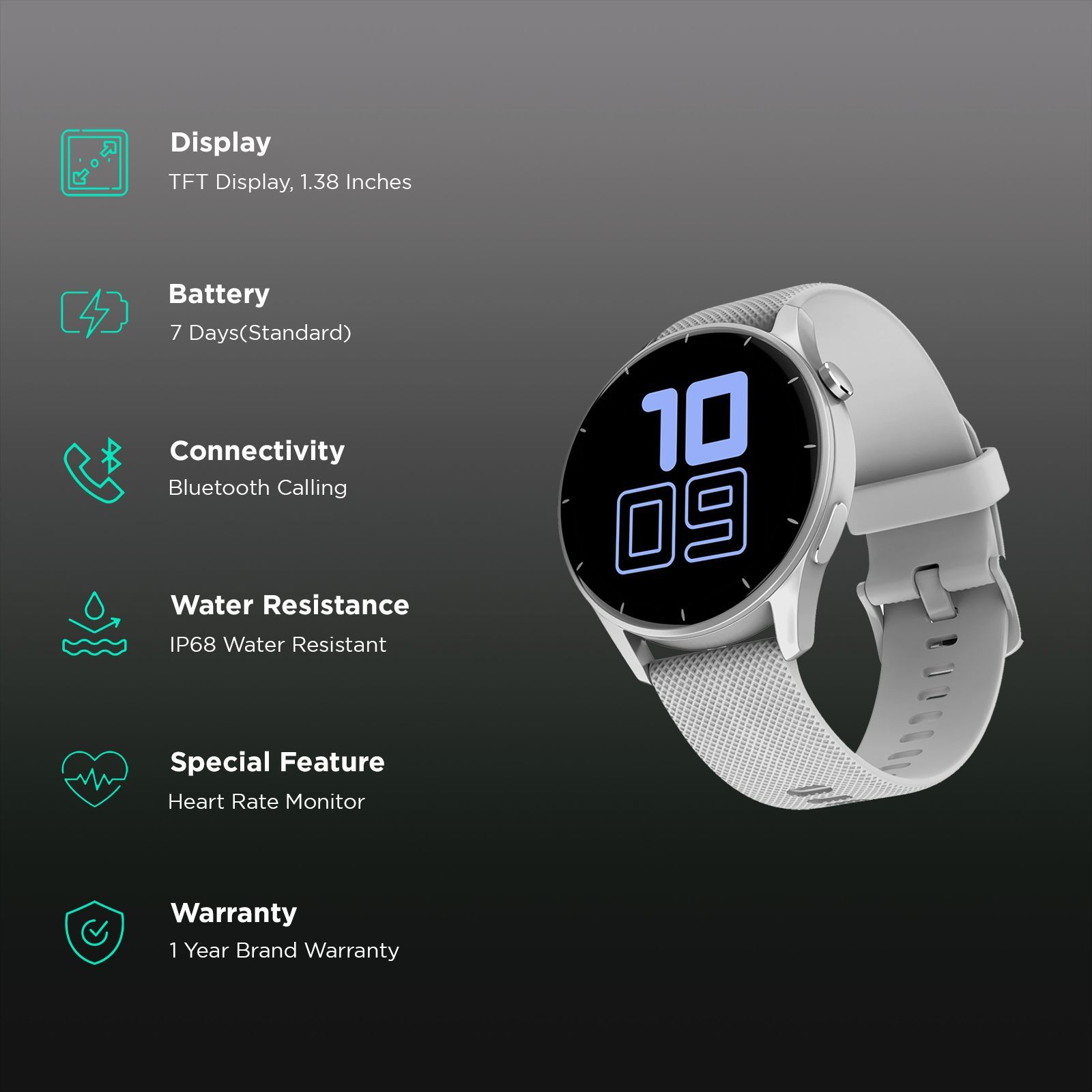 noise Fit Crew Smartwatch with Bluetooth Calling (35.05mm TFT Display, IP68 Water Resistant, Silver Grey Strap)_2