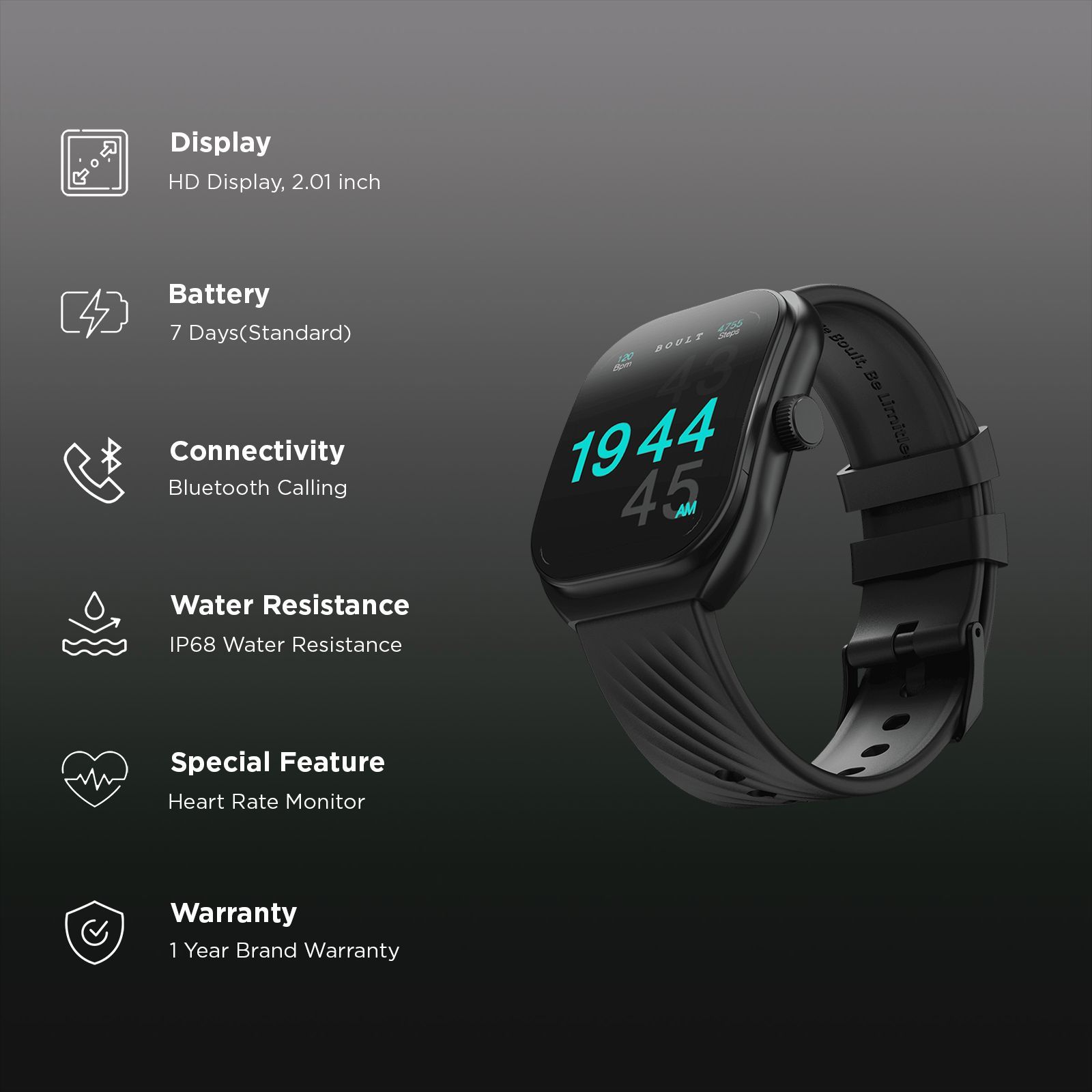 GOBOULT Kliff Smartwatch with Bluetooth Calling (51.05mm HD Display, IP68 Water Resistant, Raven Black Strap)_3