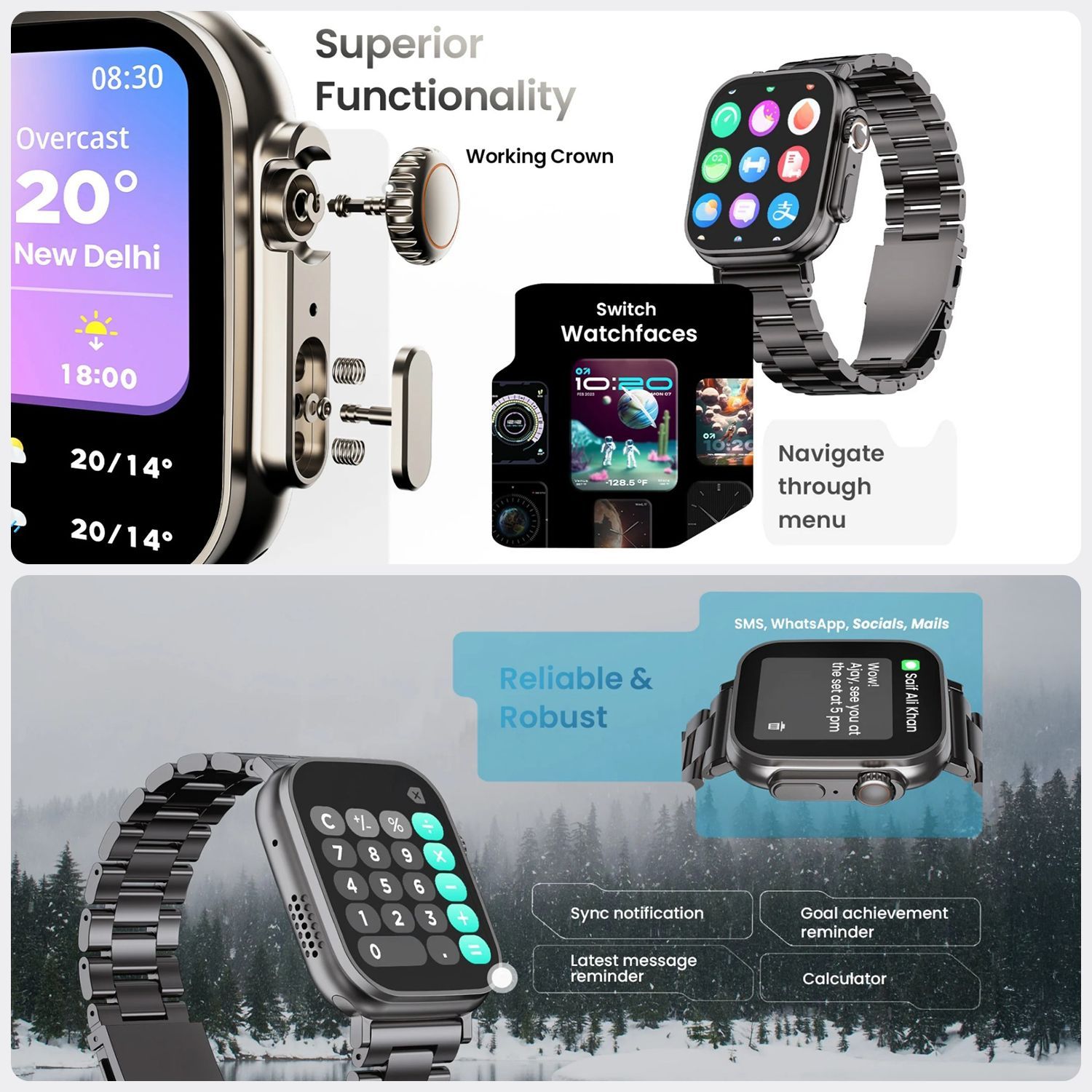 GOBOULT Crown Bluetooth Calling Android OS Smartwatch (49.5mm HD Display, Working Crown, Black Strap)_8