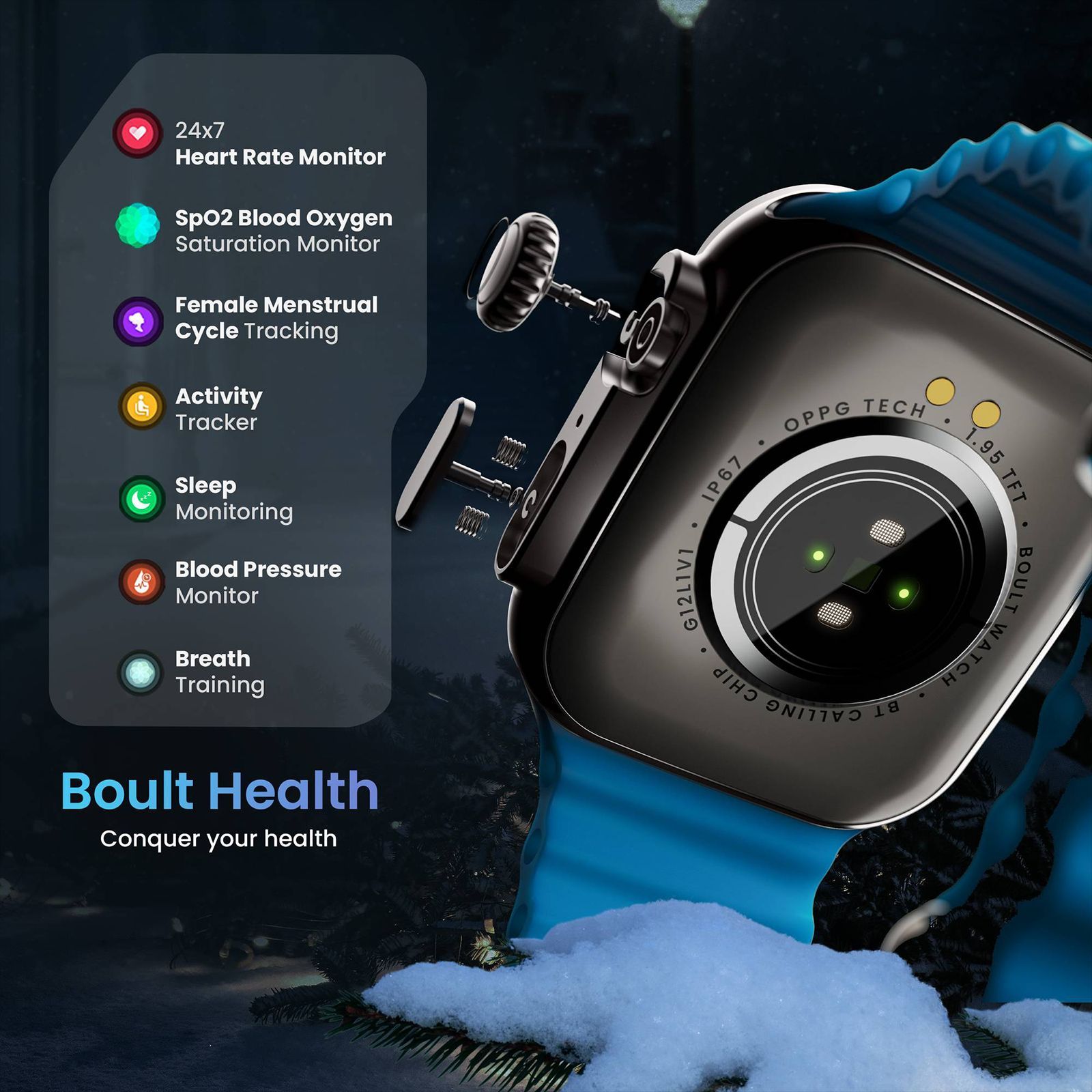 GOBOULT Crown Bluetooth Calling Android OS Smartwatch (49.5mm HD Display, Working Crown, Blue Strap)_11