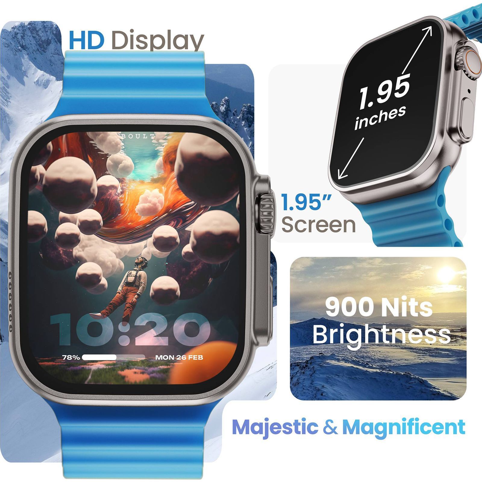 GOBOULT Crown Bluetooth Calling Android OS Smartwatch (49.5mm HD Display, Working Crown, Blue Strap)_5