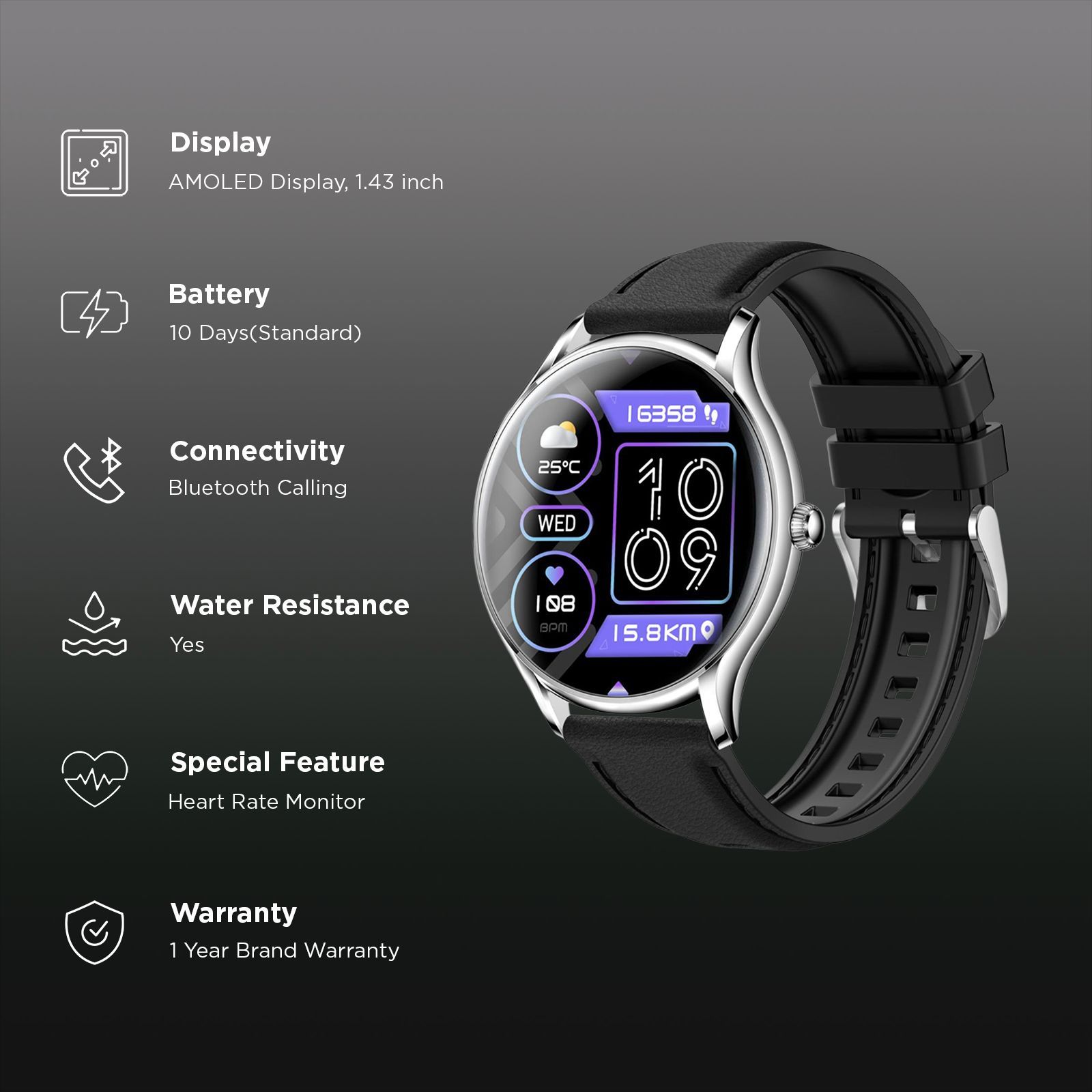 Croma Stride M1 Smartwatch with Bluetooth Calling (36.32mm AMOLED Display, IP67 Water Resistant, Black & Silver Strap)_2