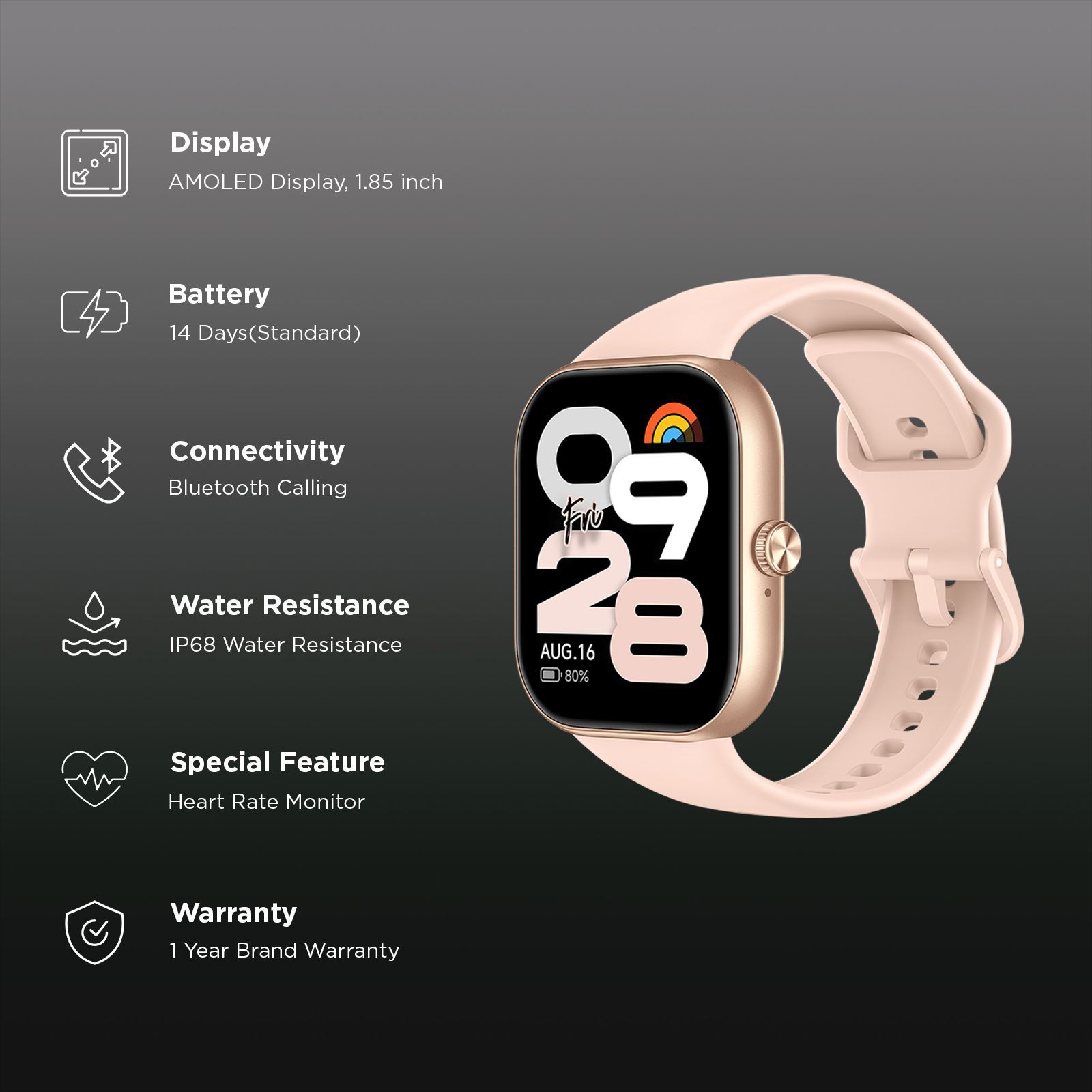 Redmi Move Bluetooth Android 6.0 Smartwatch (47mm AMOLED Display, 140+ Sports Modes, Quick Release TPU Gold Rush Strap)_2