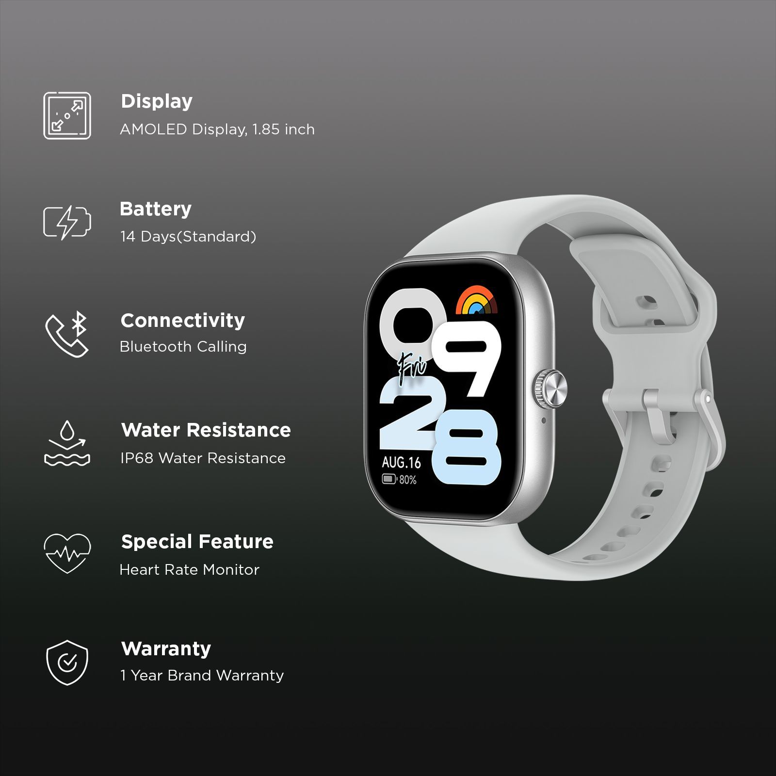 Redmi Move Bluetooth Android 6.0 Smartwatch (47mm AMOLED Display, 140+ Sports Modes, Quick Release TPU Silver Sprint Strap)_2