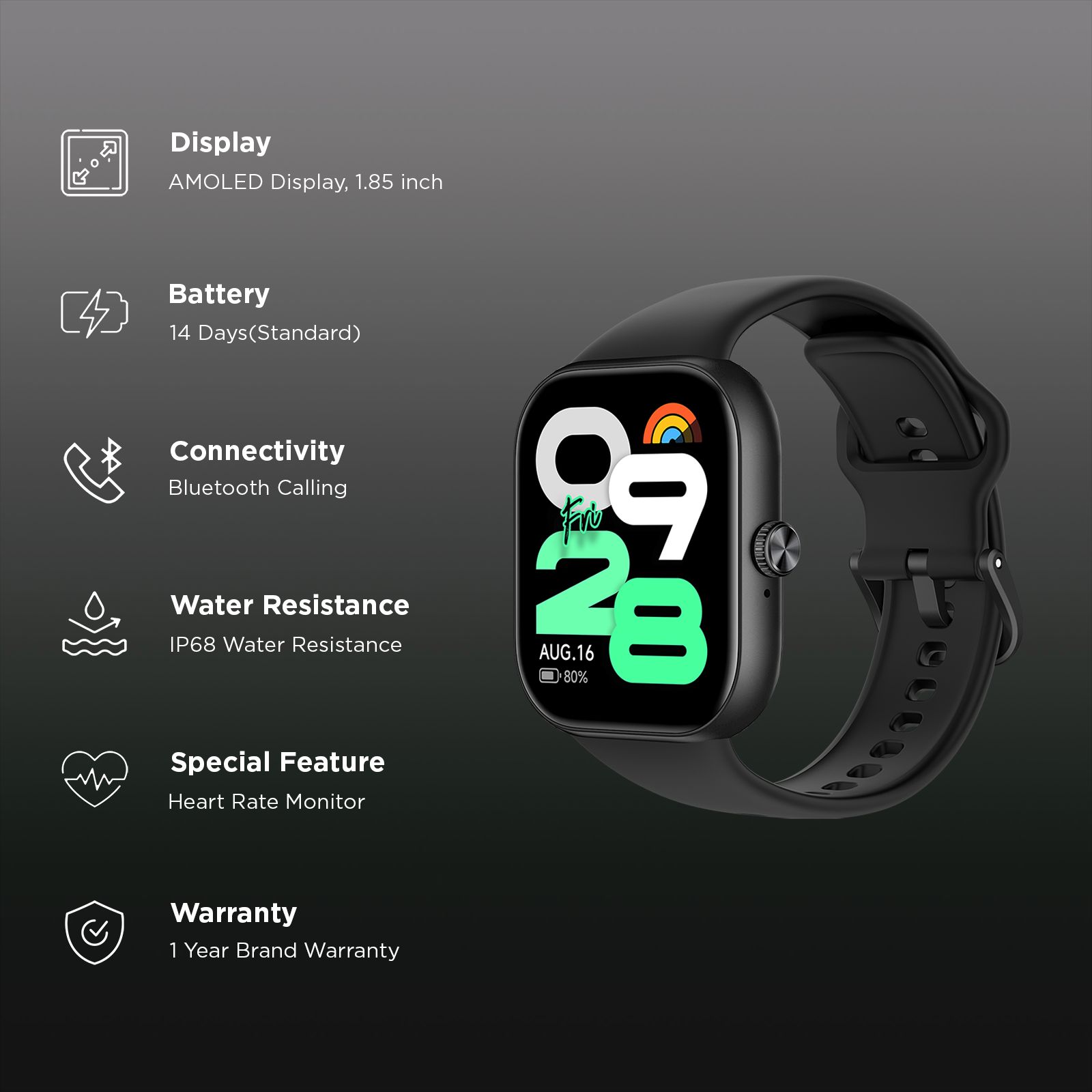 Redmi Move Bluetooth Android 6.0 Smartwatch (47mm AMOLED Display, 140+ Sports Modes, Quick Release TPU Black Drift Strap)_2