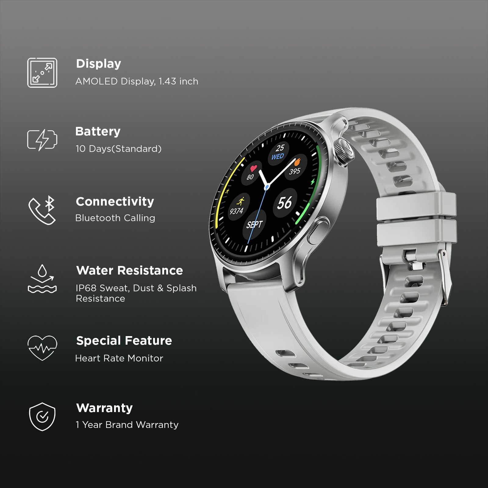 boAt Ultima Summit Smartwatch with Bluetooth Calling (36.32mm AMOLED Display, IP68 Water Resistant, Silver Mist Strap)_2