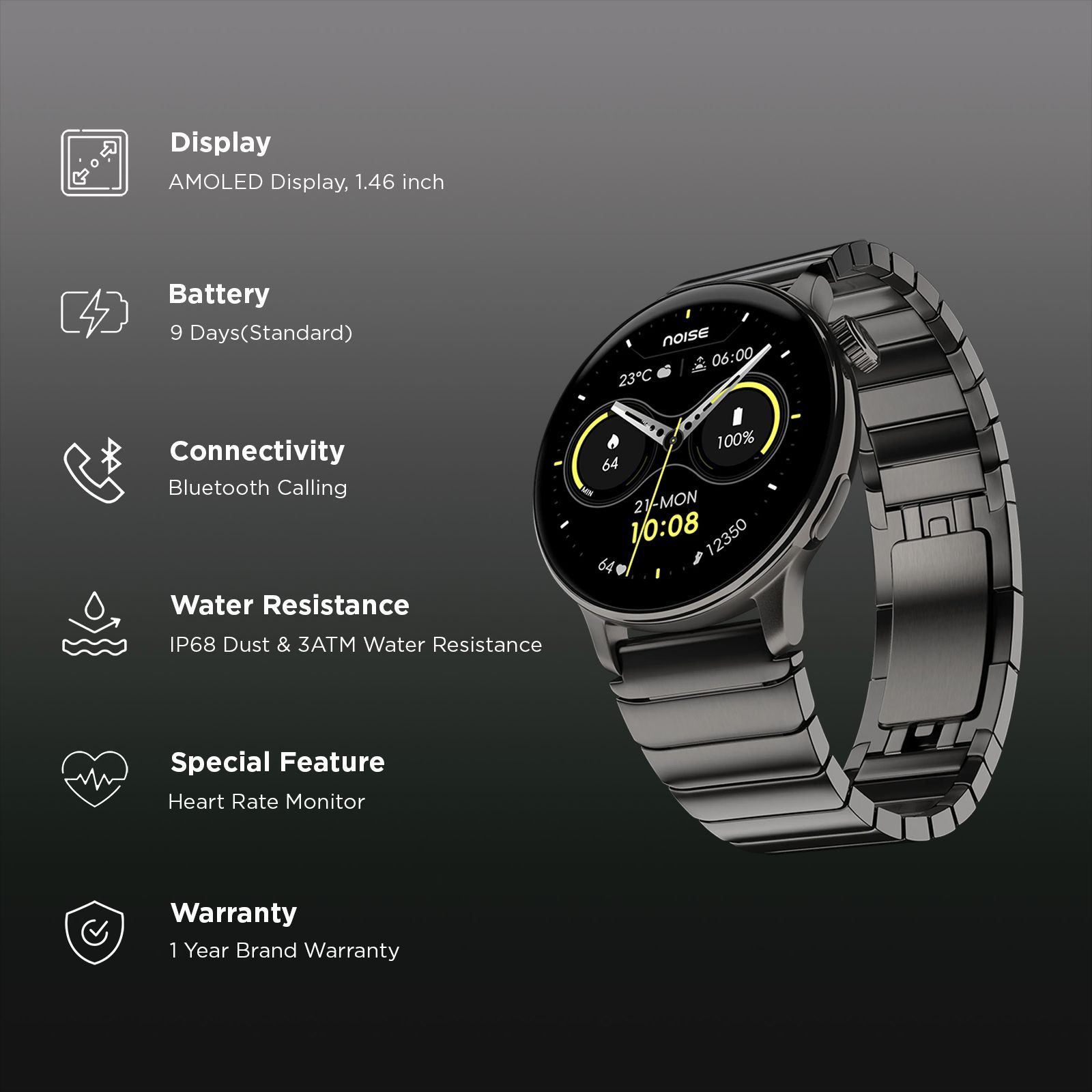 Noisefit Pro 6R Smartwatch with Bluetooth Calling (37mm AMOLED Display, IP68 Dust & 3ATM Water Resistance, Pure Titanium Strap)_2