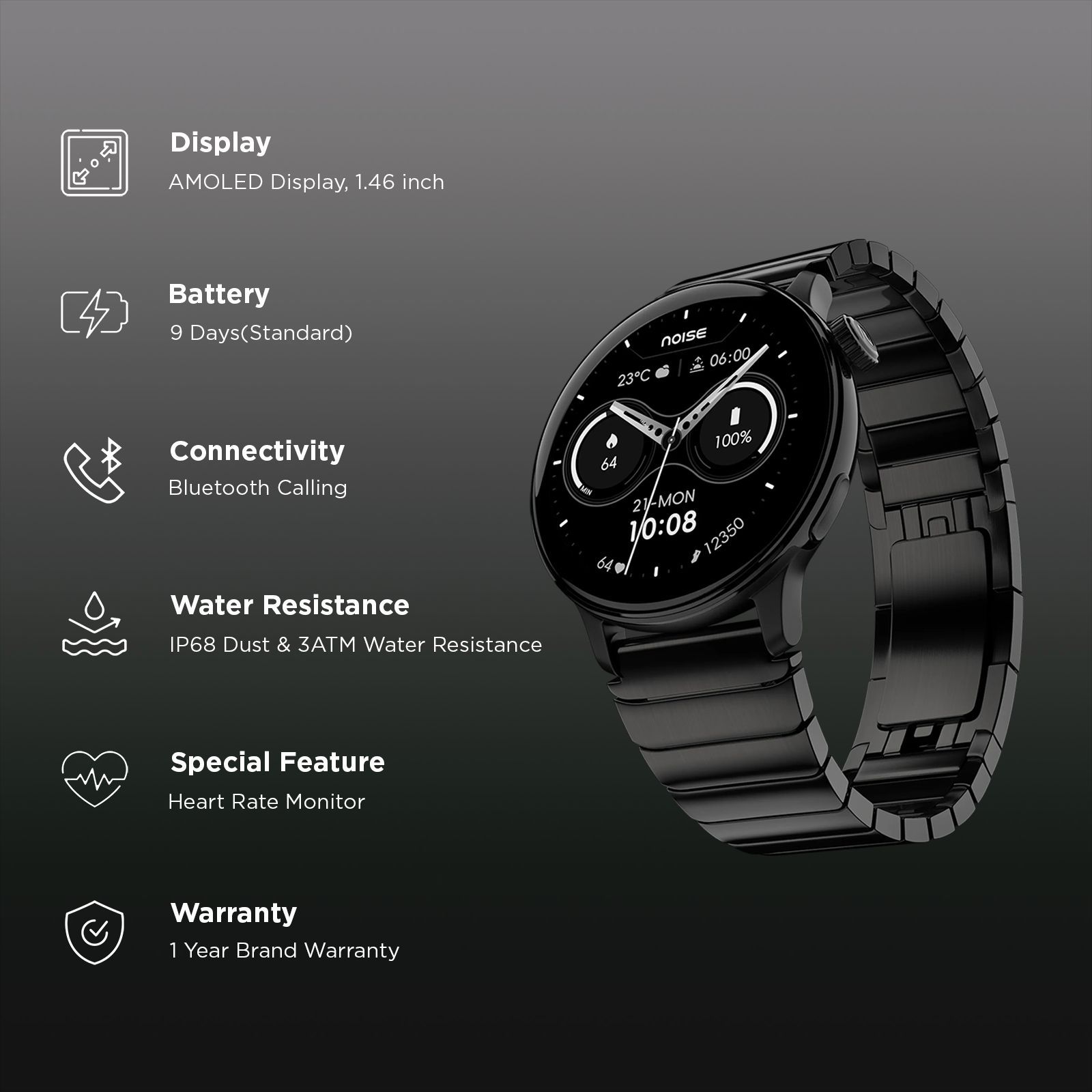 Noisefit Pro 6R Smartwatch with Bluetooth Calling (37mm AMOLED Display, IP68 Dust & 3ATM Water Resistance, Chrome Black Strap) Noisefit Pro 6R Smartwatch with Bluetooth Calling (37mm AMOLED Display, IP68 Dust & 3ATM Water Resistance, Chrome Black Strap)_2