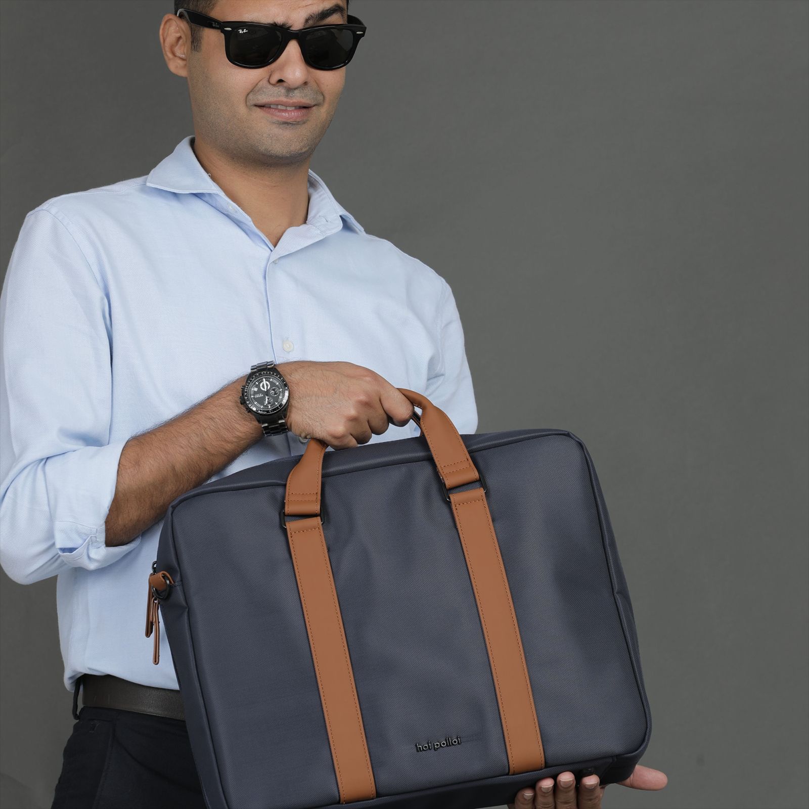 hoi polloi BEESLY Nylon, Polyester, PU Laptop Messenger Bag for 16 Inch Laptop (13.23 L, Water Resistant, Starry Night Blue & Tan)_8