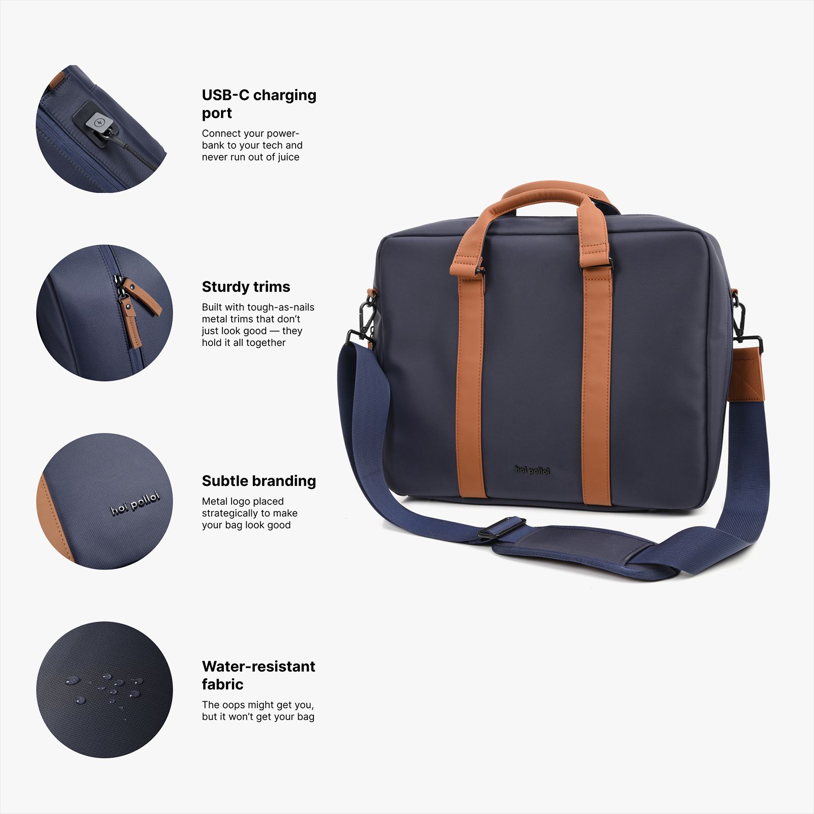 hoi polloi BEESLY Nylon, Polyester, PU Laptop Messenger Bag for 16 Inch Laptop (13.23 L, Water Resistant, Starry Night Blue & Tan)_6