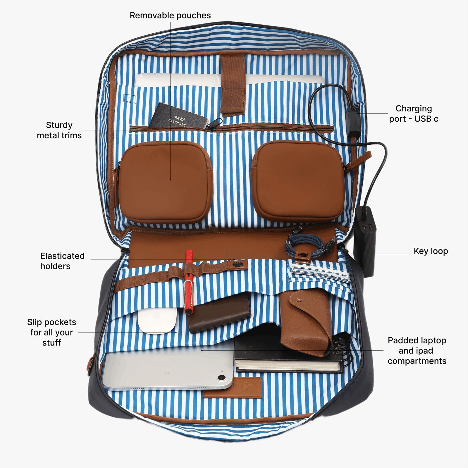 hoi polloi BEESLY Nylon, Polyester, PU Laptop Messenger Bag for 16 Inch Laptop (13.23 L, Water Resistant, Starry Night Blue & Tan)_7