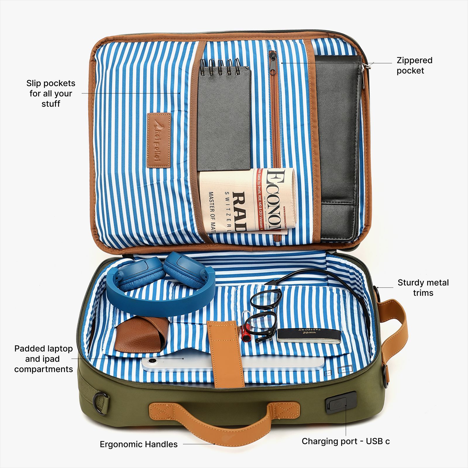 hoi polloi DWYT Nylon, Polyester, PU Laptop Messenger Bag for 16 Inch Laptop (11.7 L, Water Resistant, Camouflage Green & Tan)_6