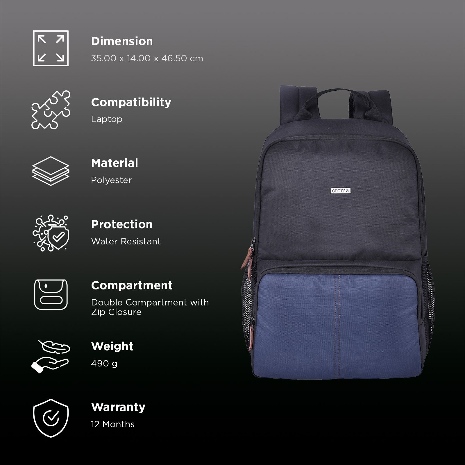 Croma Polyester Backpack for 15.6 Inch Laptop (Water Resistant, Black) Croma Polyester Backpack for 15.6 Inch Laptop (Water Resistant, Black)_2