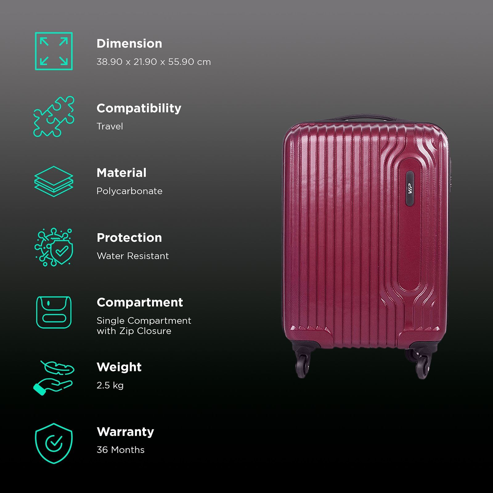 VIP Trace 35 Litres Polycarbonate Trolley Bag (Water Resistant, TRACE55MCD, Maroon)_3