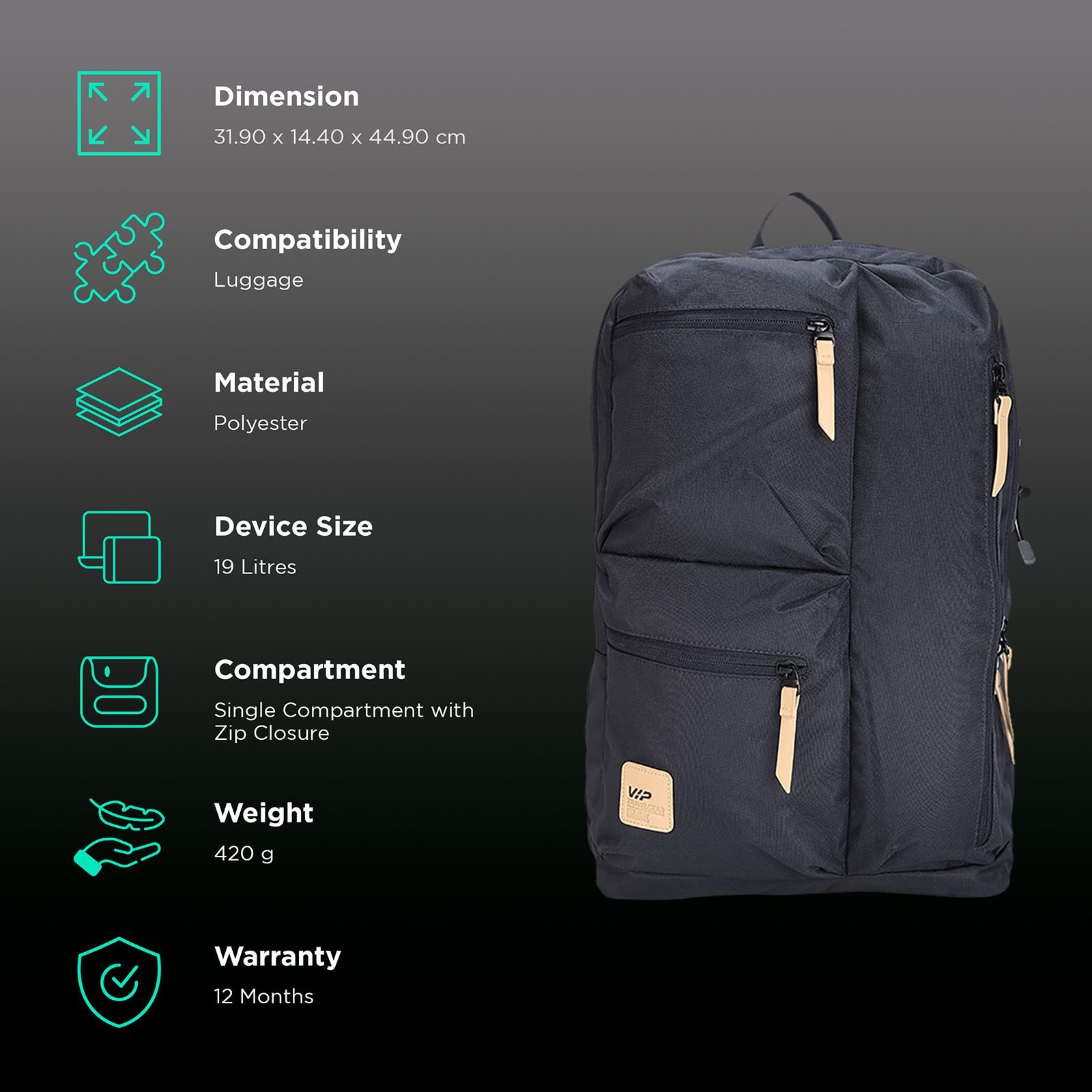 VIP Trot 01 19 Litres Polyester Casual Backpack (3 Front Pockets, BPTRO01BLU, Blue)_3