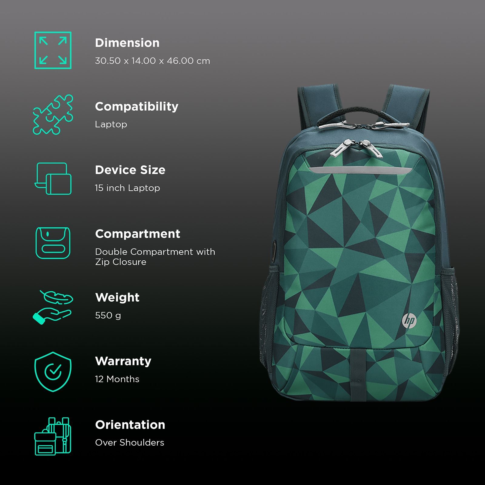 HP 200GRN Air Mesh Laptop Backpack for 15 Inch Laptop (Padded Shoulder Strap, Green Accents and Camoprints)_2