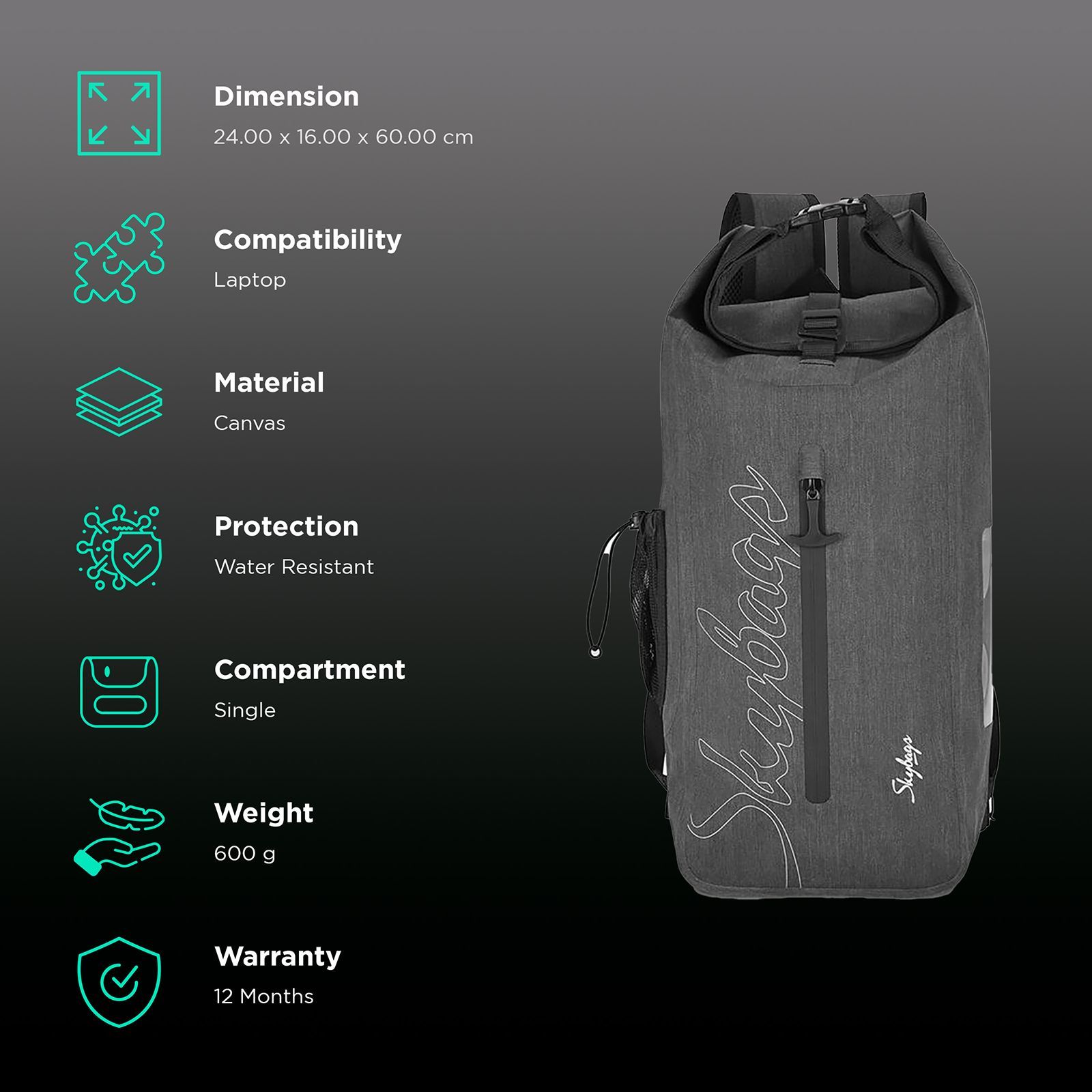Skybags Protekt Canvas Laptop Backpack (24 L, Waterproof, Grey)_2