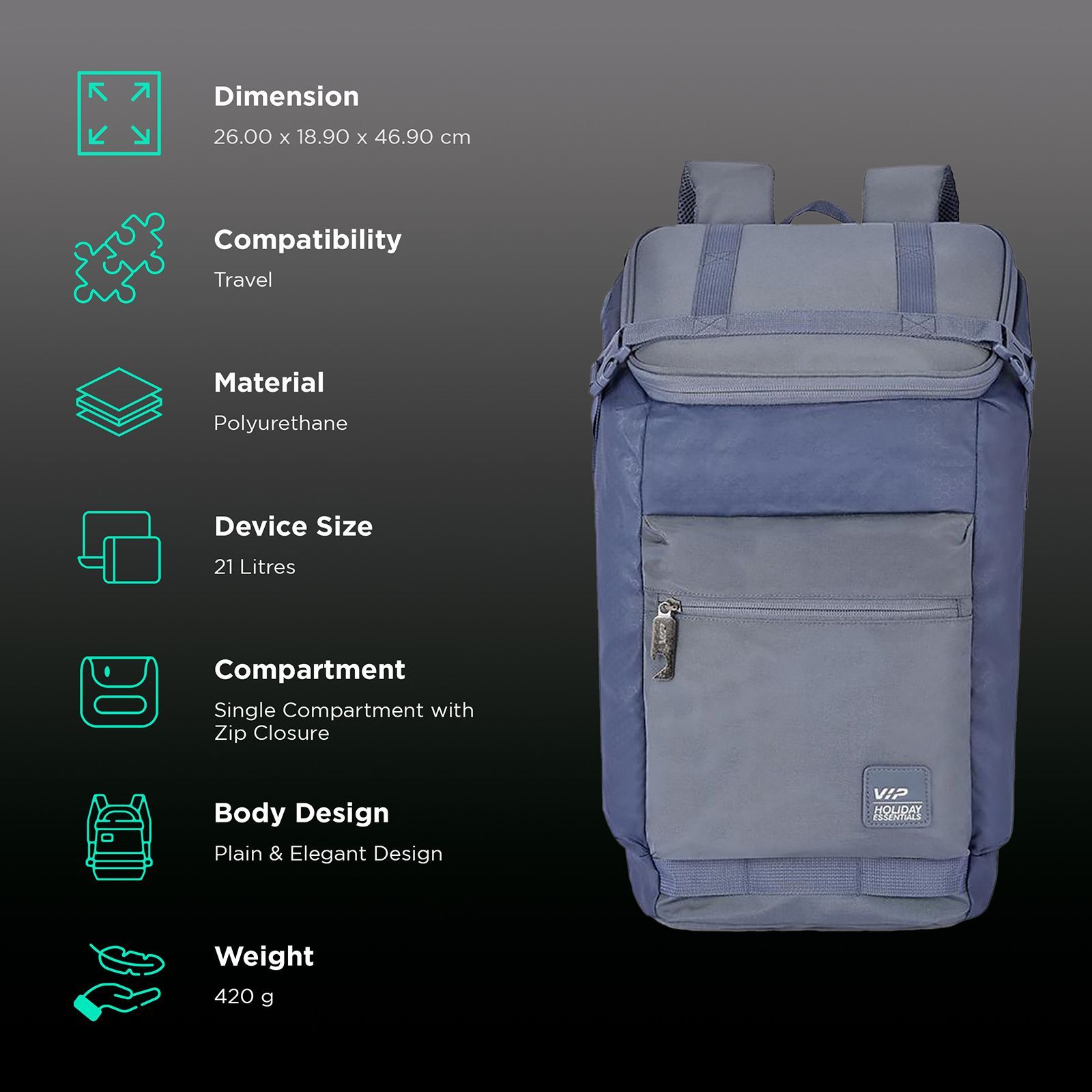 VIP Jump 01 21 Litres Polyurethane Backpack (Rain Cover, BPJUM1SGY, Steel Grey)_3