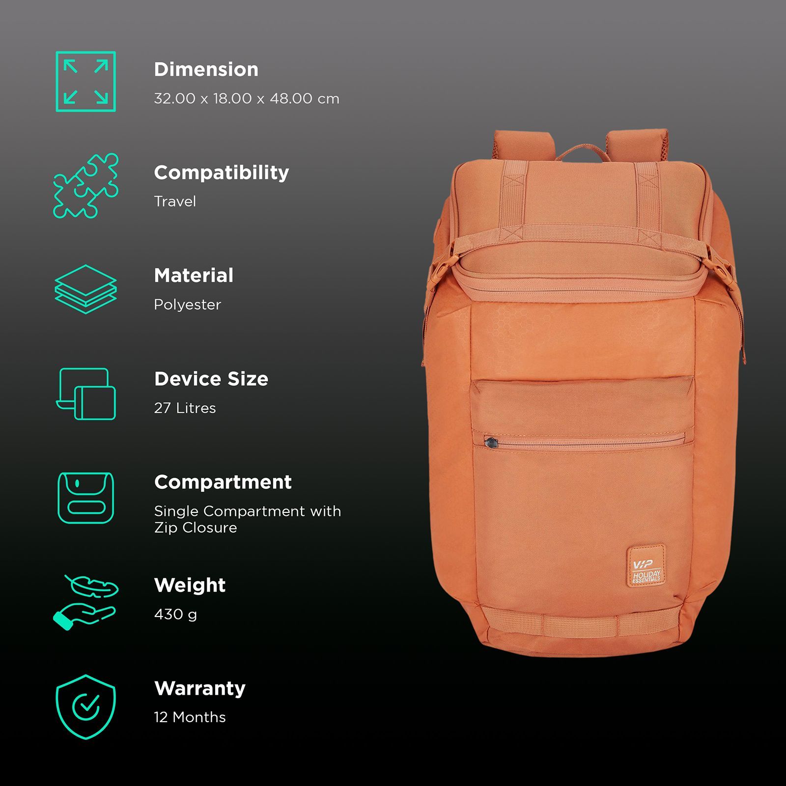 VIP Jump 02 27 Litres Polyester Backpack (Hard Top Case, BPJUM2ZOG, Zesty Orange)_3