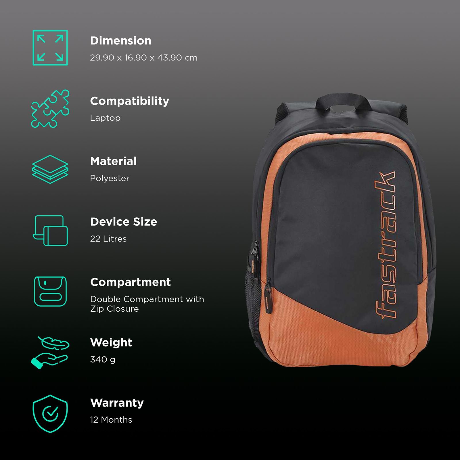 fastrack A0675NOR01 Polyester Laptop Backpack for 16 Inch Laptop (22 L, Padded Shoulder Strap, Orange)_3