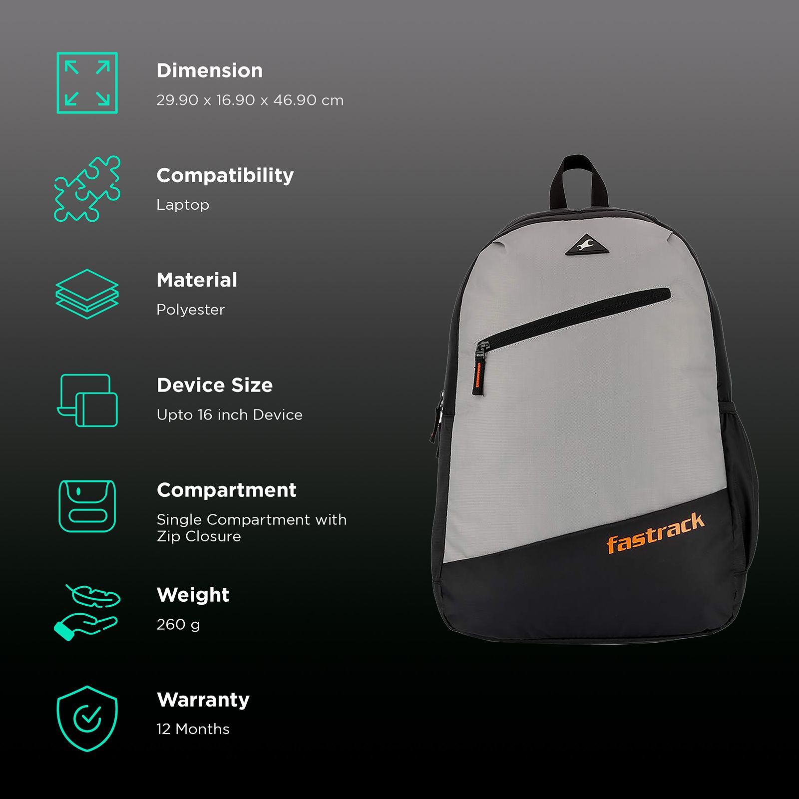 fastrack A0809NGY01 Polyester Laptop Backpack for 16 Inch Laptop (25 L, Padded Shoulder Strap, Grey)_3