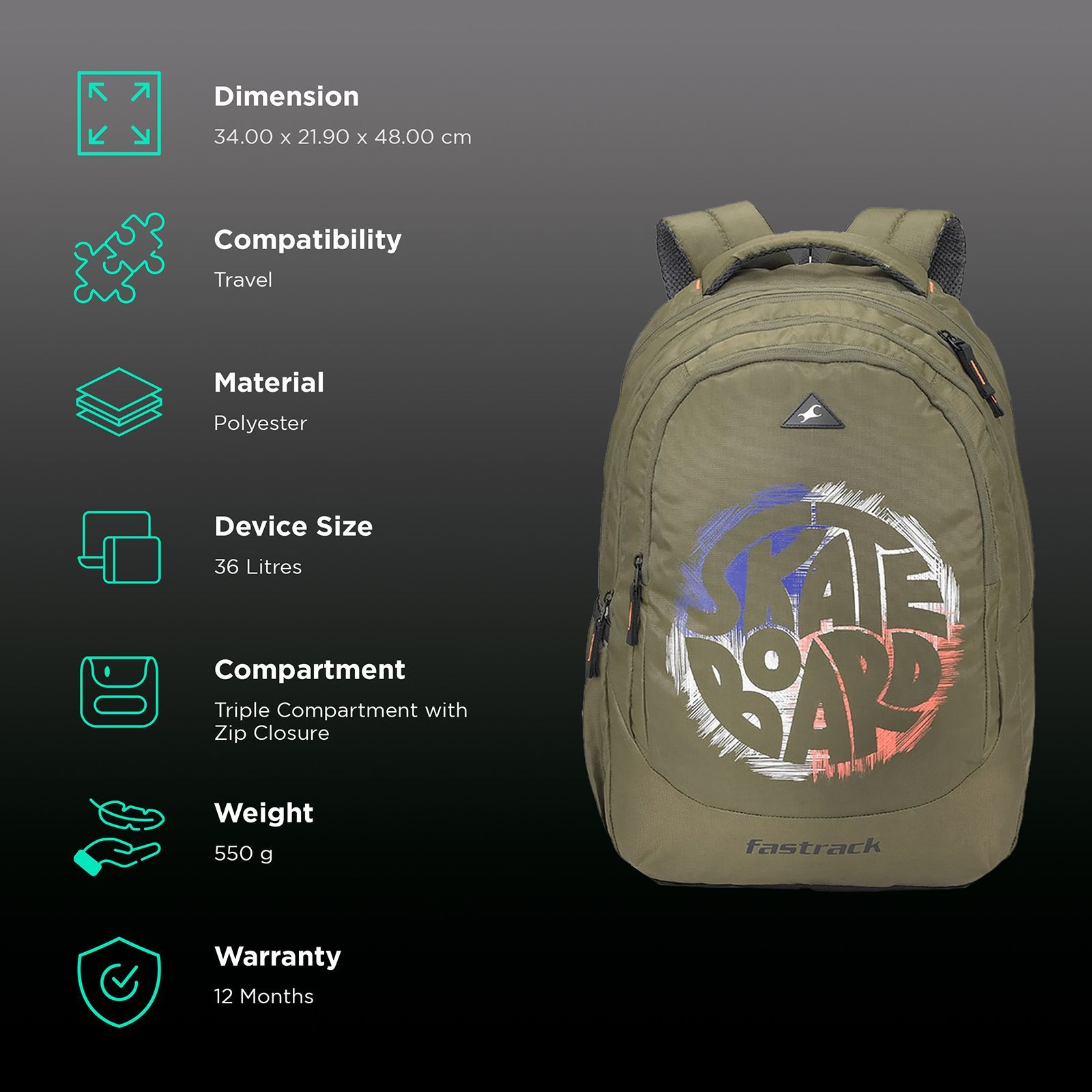 fastrack Kicker Ergolight 36 Litres Polyester Backpack (Rain Cover, A0795NOL01, Olive)_3