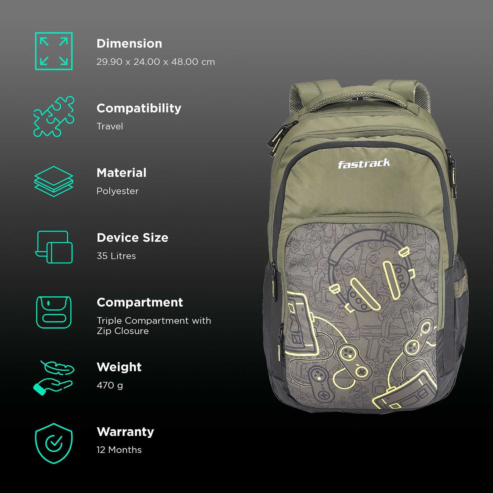 fastrack Alpha Ergolight Campus 35 Litres Polyester Backpack (Back Padding, A0786NOL01, Olive)_3