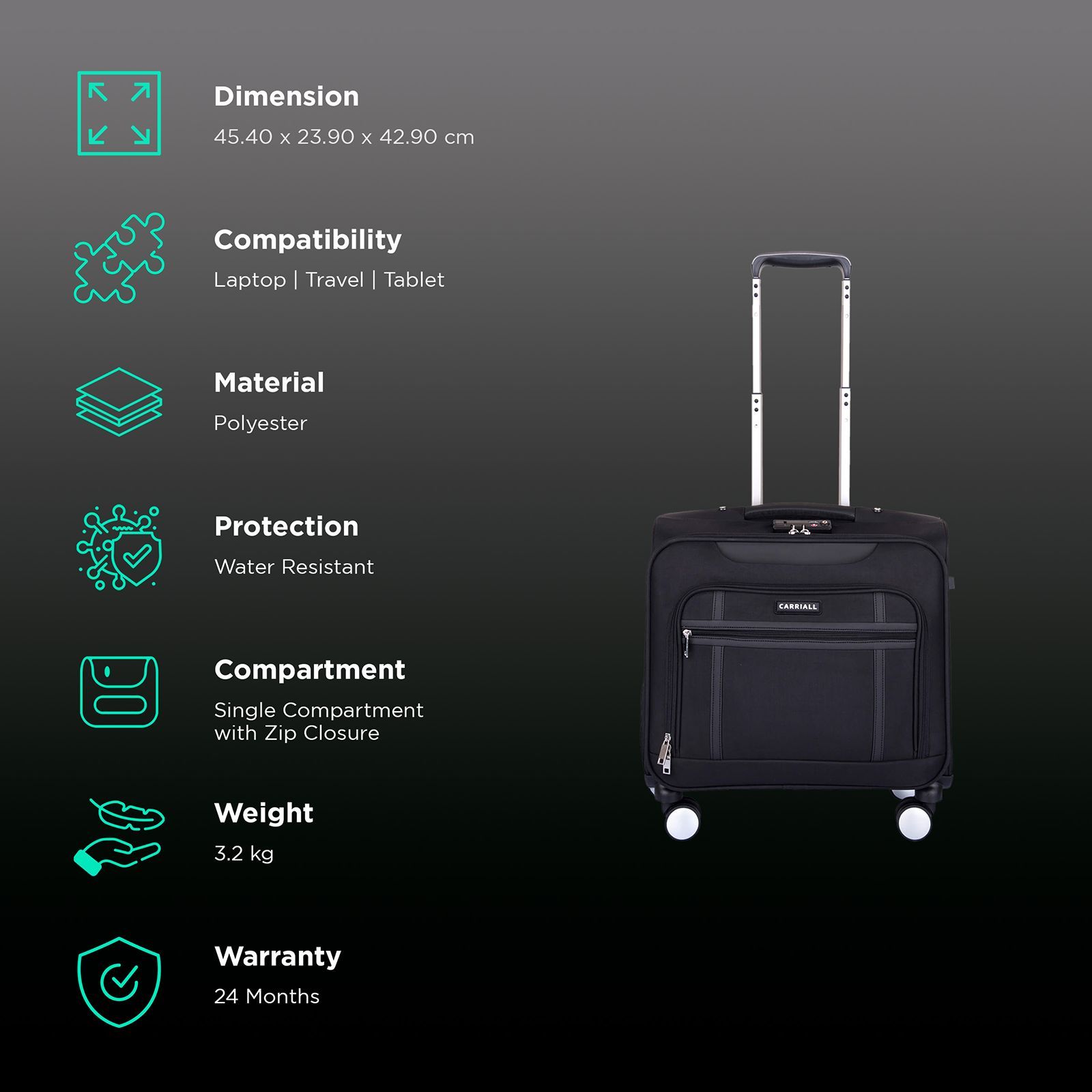 Cariall Stark Polyester Trolley Bag (Built-In Charging Cable, CAON0001, Black)_3