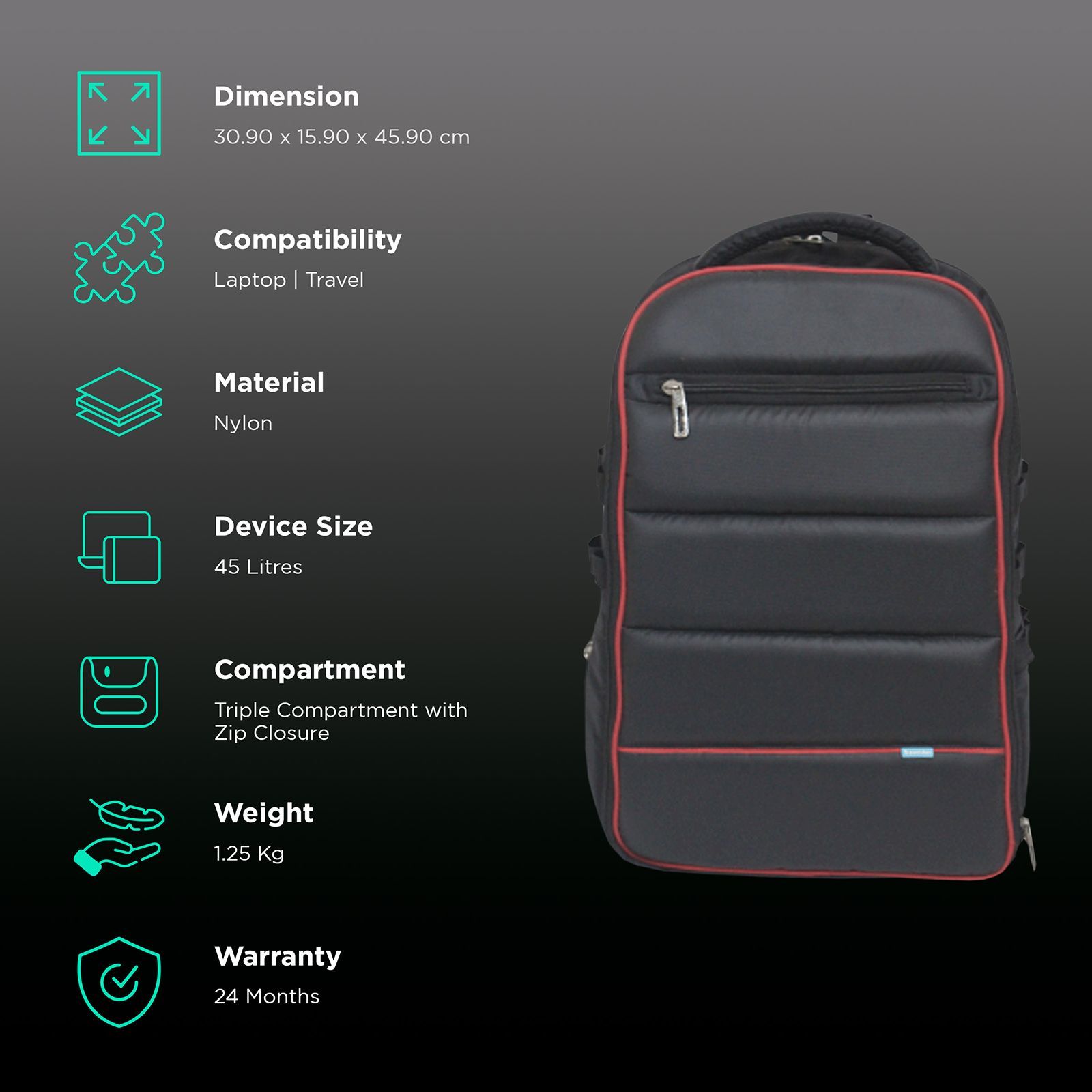 Traveldoo 45 Litres Nylon Trolley Backpack (Lightweight, ESS01004, Black/Red)_3