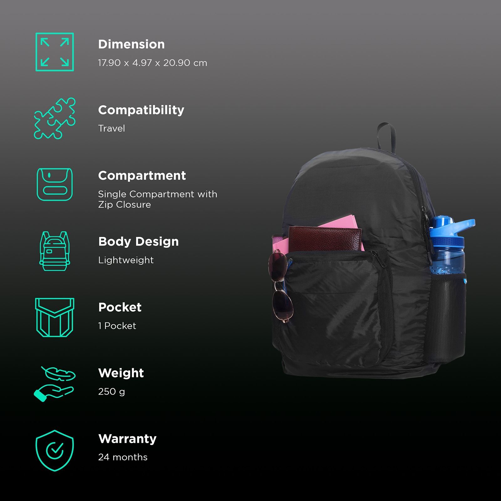 Traveldoo Backpack (Lightweight, CBX01001, Black)_3