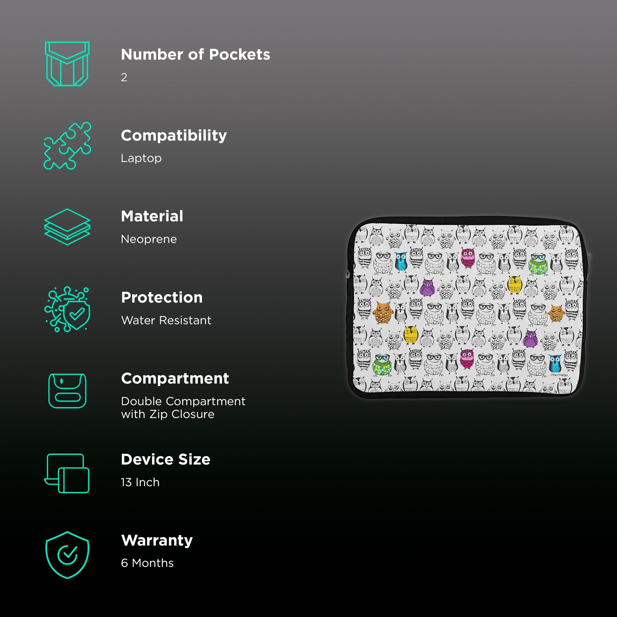 macmerise Owl Art Neoprene Laptop Sleeve for 13 Inch Laptop (Water Resistant, Multi Color)_2