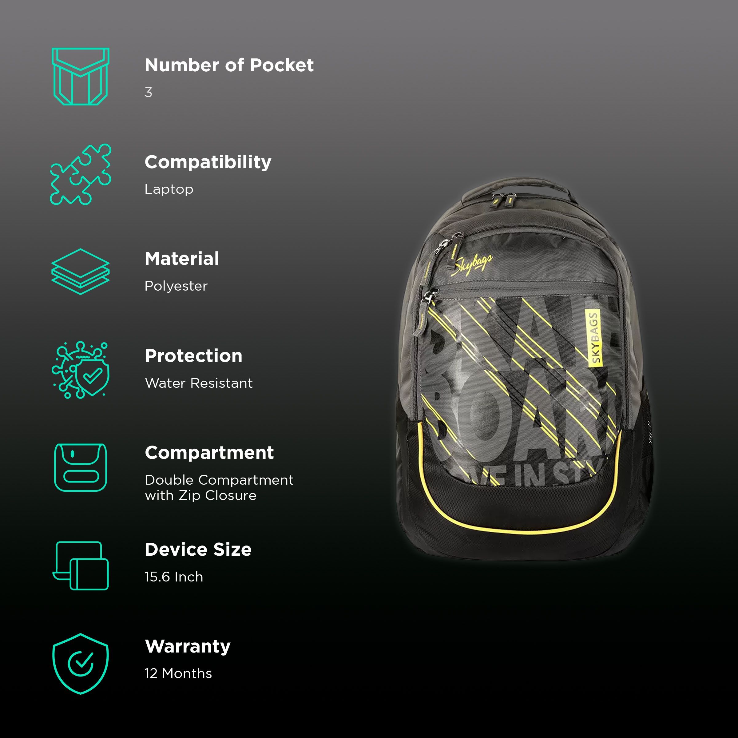 Skybags New Arthur Polyester Laptop Backpack for 15.6 Inch Laptop (30 L, Water Resistant, Black)_2