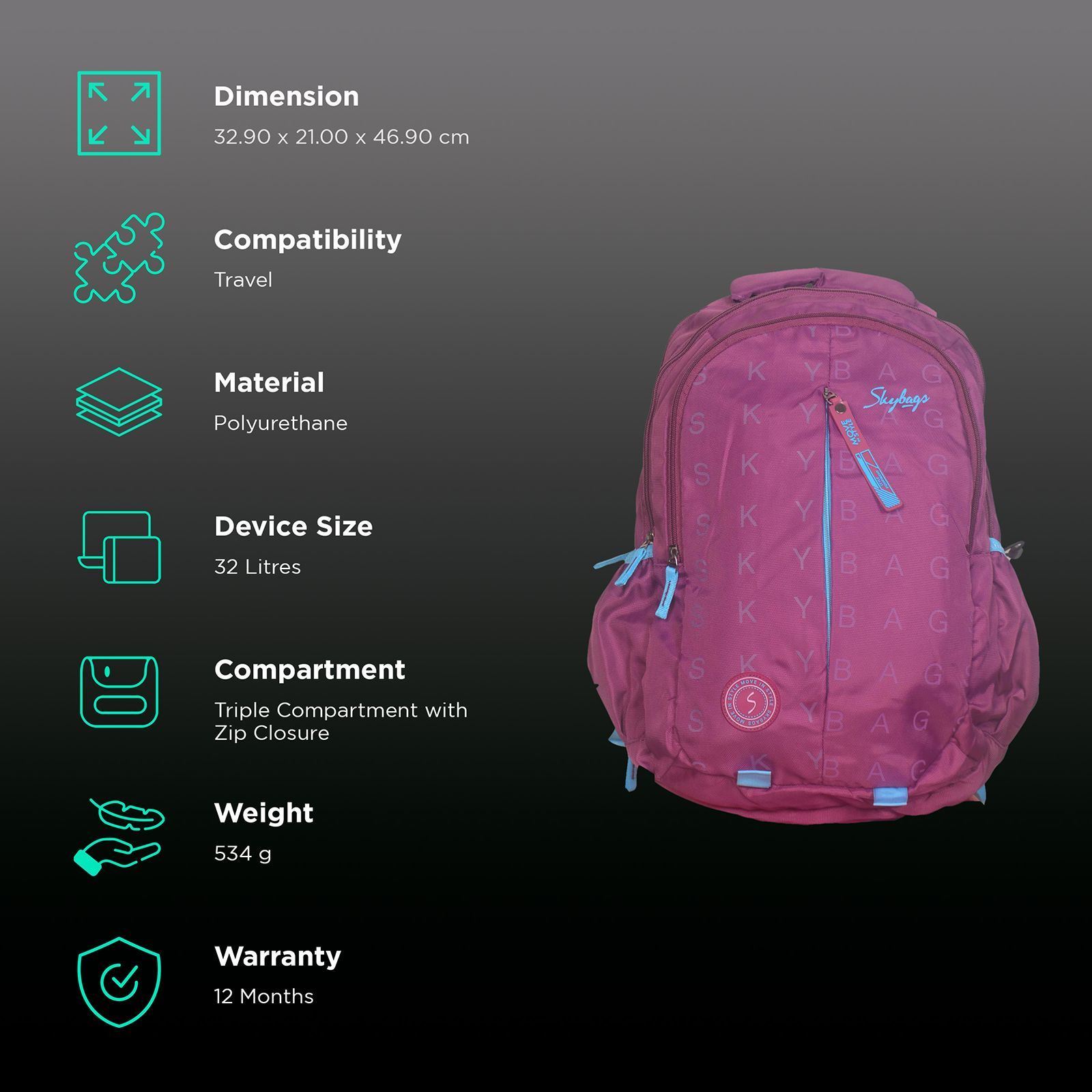 Skybags DRIP PLUS 07 32 Litres Polyurethane Backpack (Stylized Rubber Puller, BPDRPL7PPL, Purple) Skybags DRIP PLUS 07 32 Litres Polyurethane Backpack (Stylized Rubber Puller, BPDRPL7PPL, Purple)_3