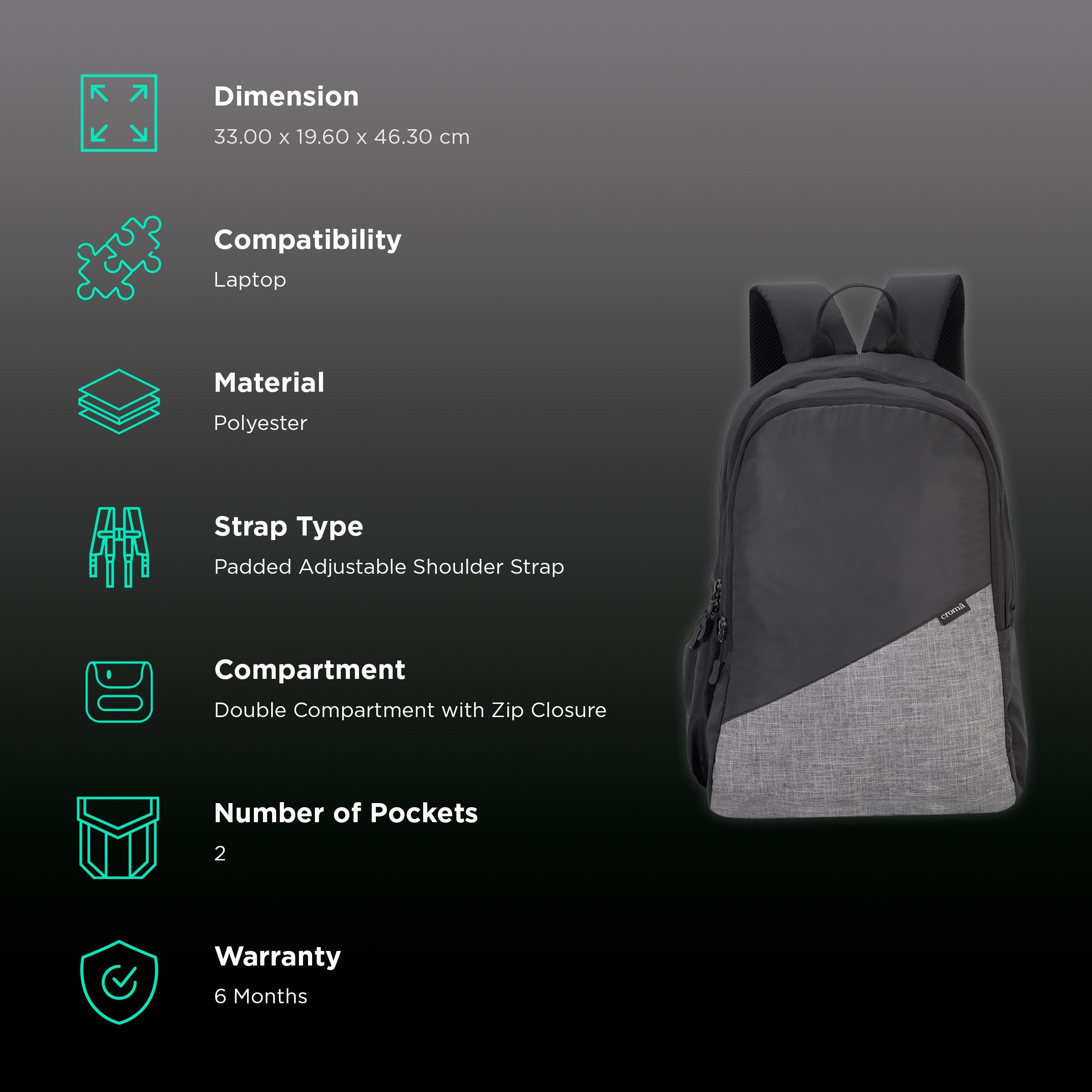 Croma Polyester Laptop Backpack (30 L, 2 Spacious Compartments, Grey and Black)_2