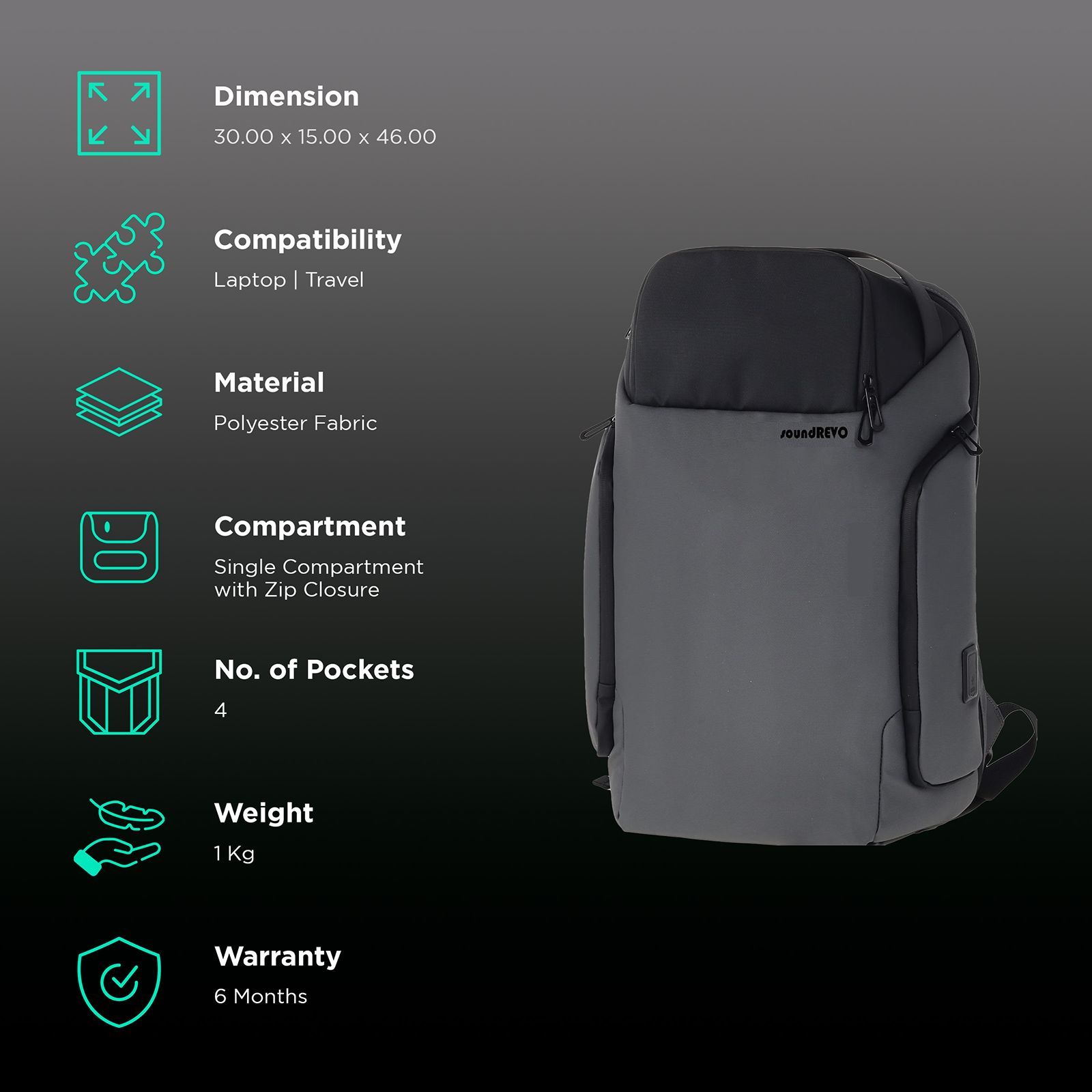 SoundRevo 21 Litres Polyester Backpack ( Water Resistant, SRSC21GBKA0165, Grey )_2