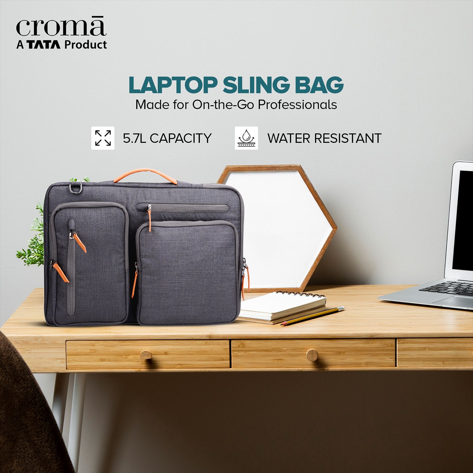 Croma Polyester Fabric Sling Bag for 15.6 Inch Laptop (5.7 L, Water Resistant, Grey)_10