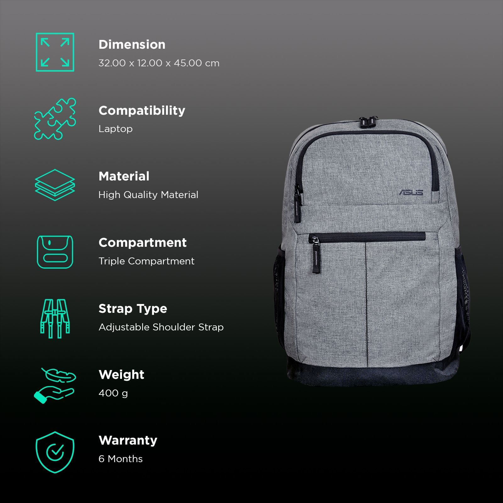 ASUS 90XB08Y0BBP000 Laptop Backpack for 16 Inch Laptop (Mesh Padded Back, Grey)_2