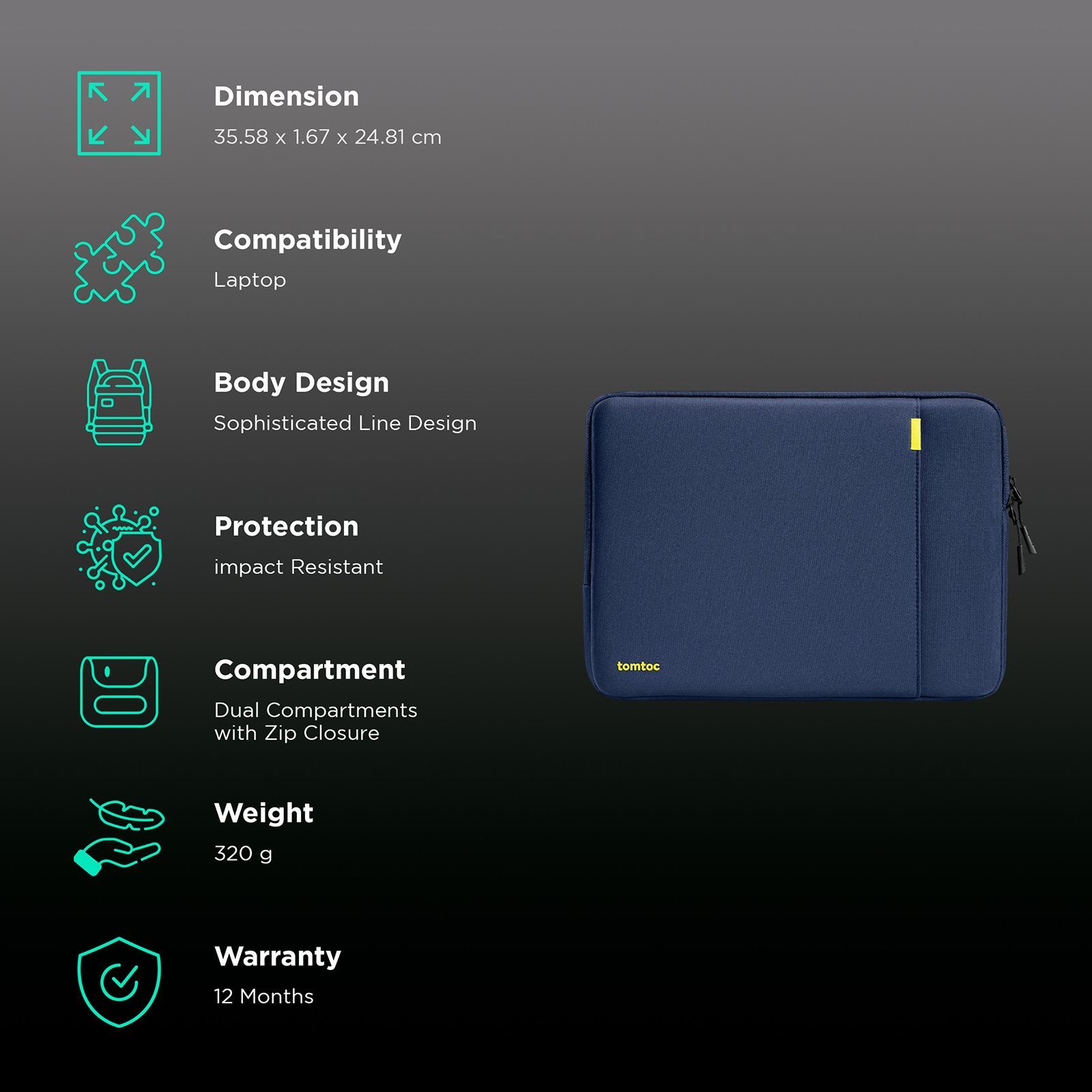 tomtoc Defender A13 Recycled Polyester Laptop Sleeve for 16 Inch Laptop (Military Grade Protection, Navy Blue)_3