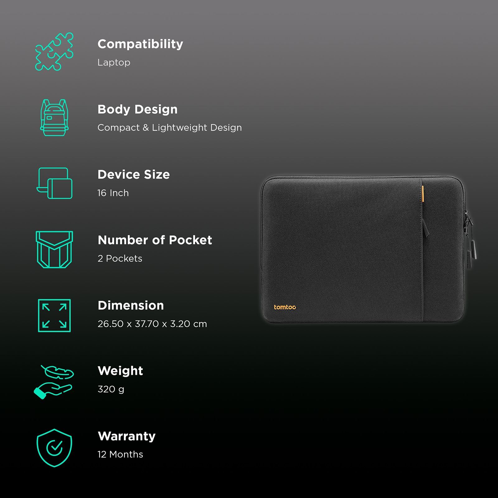 tomtoc Defender A13 Recycled Polyester Laptop Sleeve for 16 Inch Laptop (Military Grade Protection, Black) tomtoc Defender A13 Recycled Polyester Laptop Sleeve for 16 Inch Laptop (Military Grade Protection, Black)_3