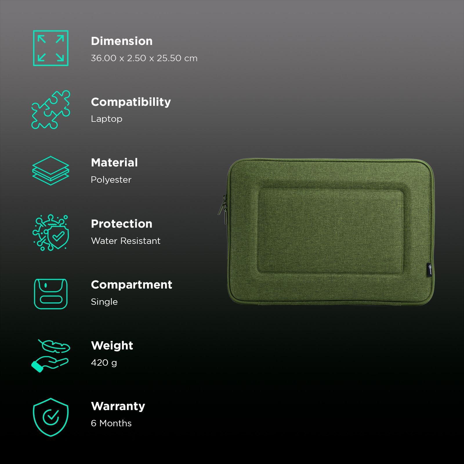 Sunmi SNMBCGR05 Polyester Laptop Hard Shell Sleeve for 14 Inch Laptop (Inner Smooth Velvet Lining, Green)_2