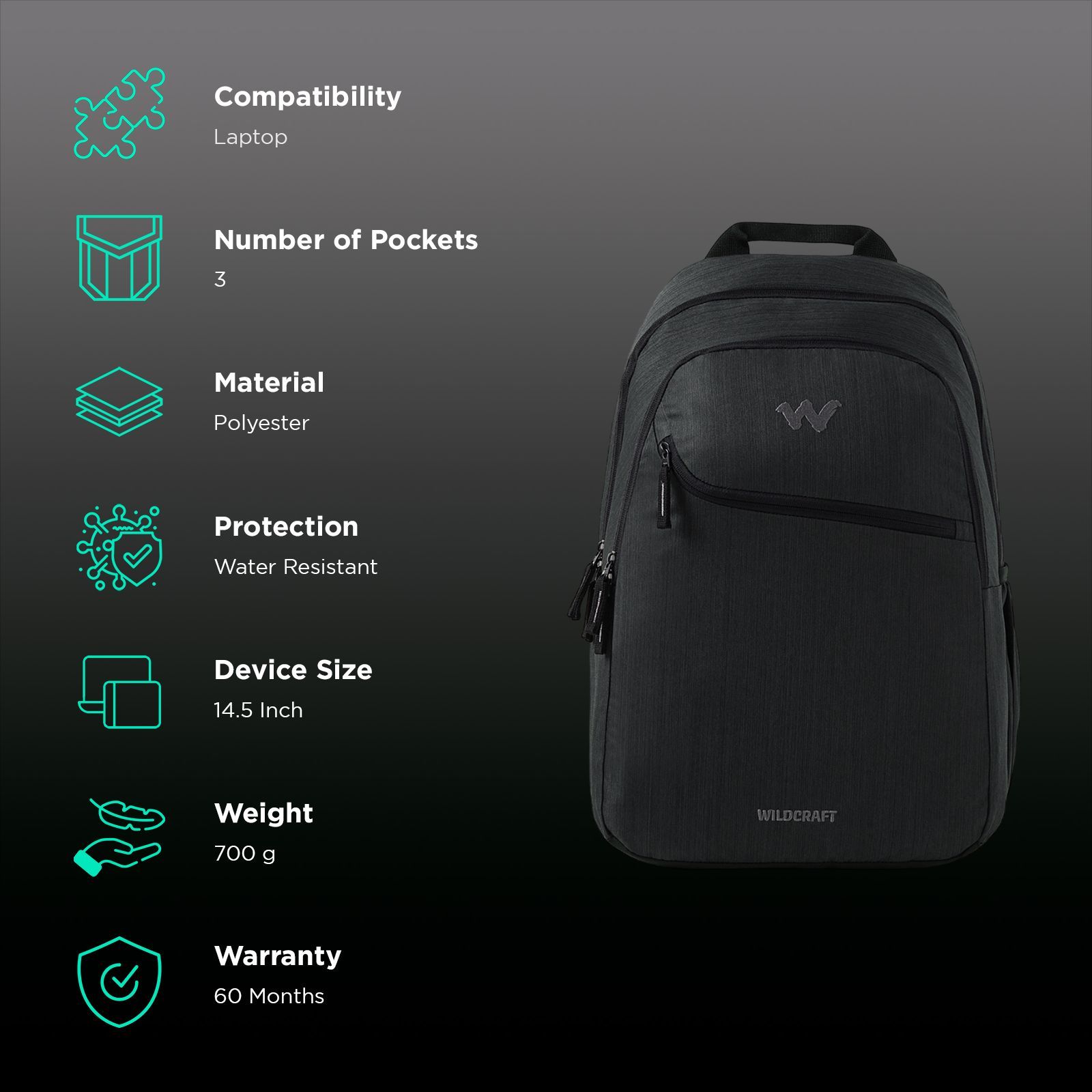 WILDCRAFT Casper 1 Polyester Laptop Backpack for 14.5 Inch Laptop (Water Resistant, Black)_2