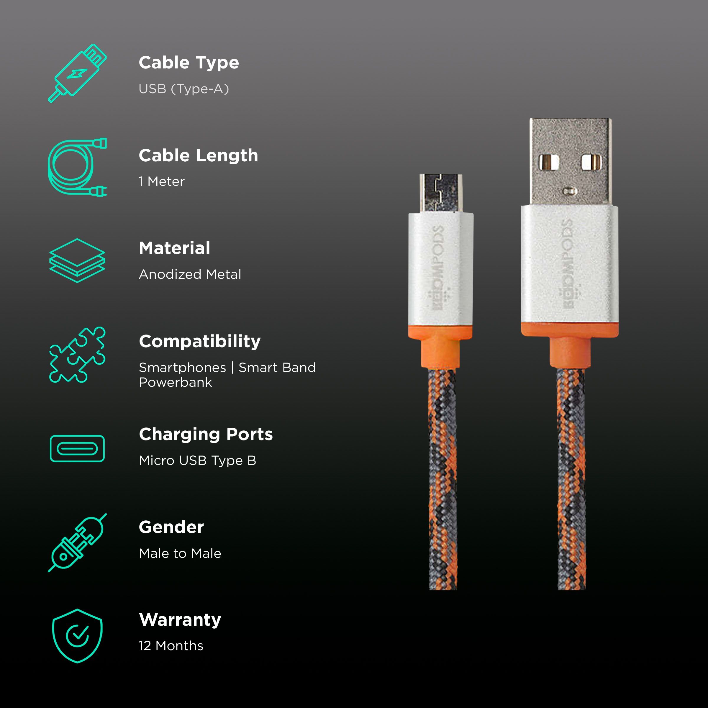 Boompods Retro Type A to Micro USB 3.3 Feet (1M) Cable (Tangle-free Design, Orange) Boompods Retro Type A to Micro USB 3.3 Feet (1M) Cable (Tangle-free Design, Orange)_2
