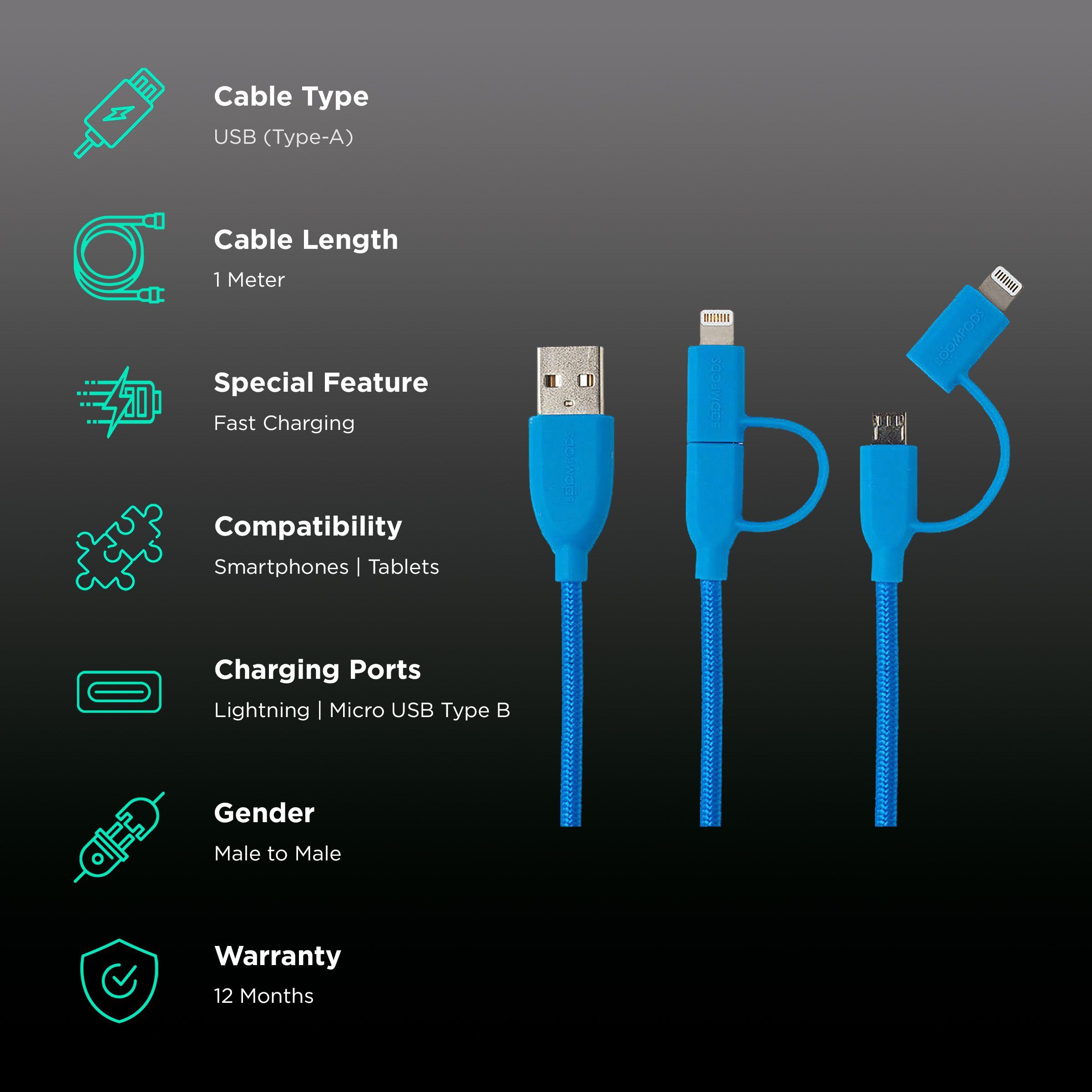 Boompods Duo Type A to Lightning, Micro USB 3.3 Feet (1M) 2-in-1 Cable (Tangle-free Design, Blue) Boompods Duo Type A to Lightning, Micro USB 3.3 Feet (1M) 2-in-1 Cable (Tangle-free Design, Blue)_2