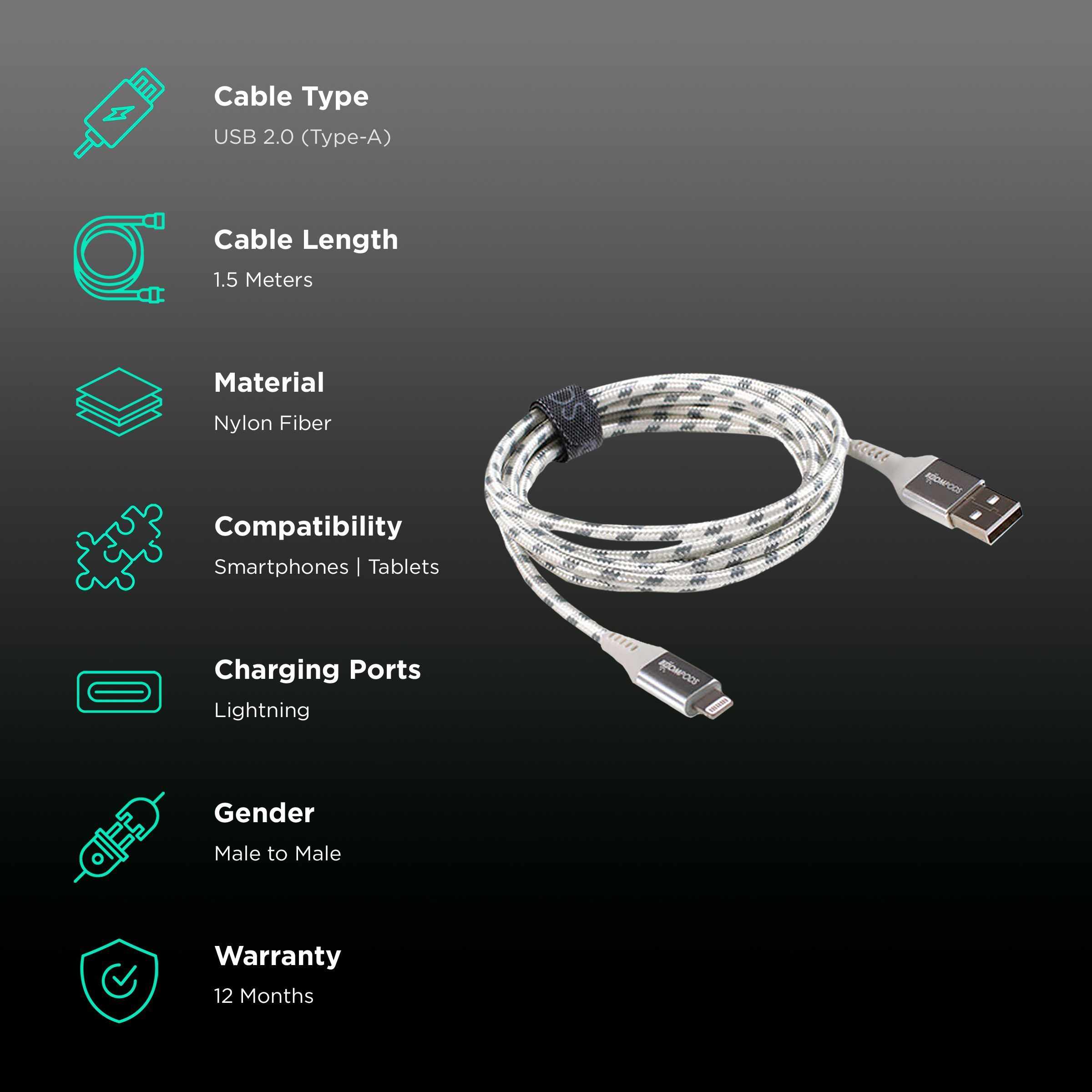 Boompods Retro Armour Type A to Lightning 4.9 Feet (1.5M) Cable (Boomflex Technology, Titanium)_2