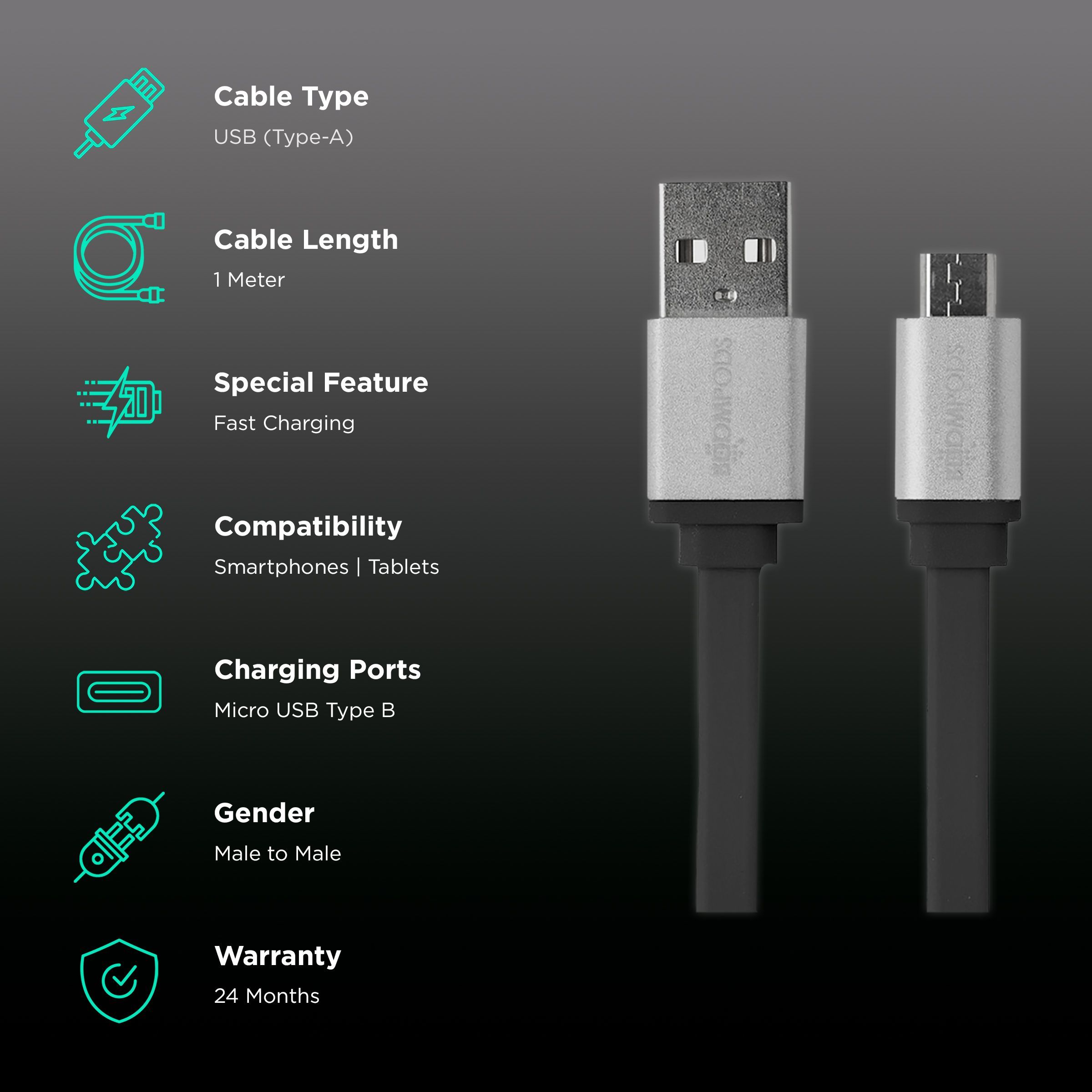 Boompods Flatline Pro Type A to Micro USB 3.3 Feet (1M) Cable (Tangle-free Design, Black)_2